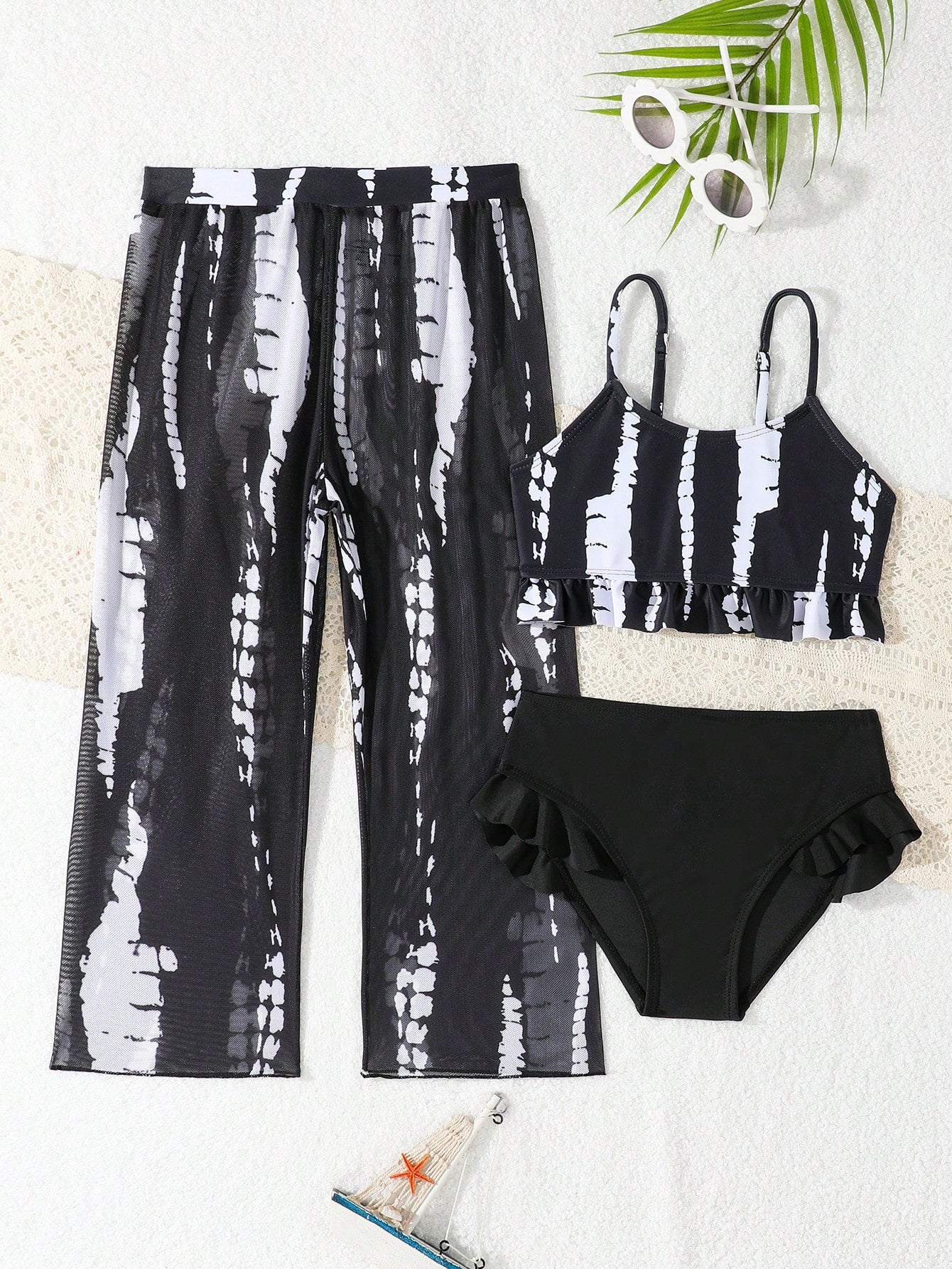 Young Girl 3-Piece Printed Bikini Set(Random Print), Separated Top And Bottom Summer Beach