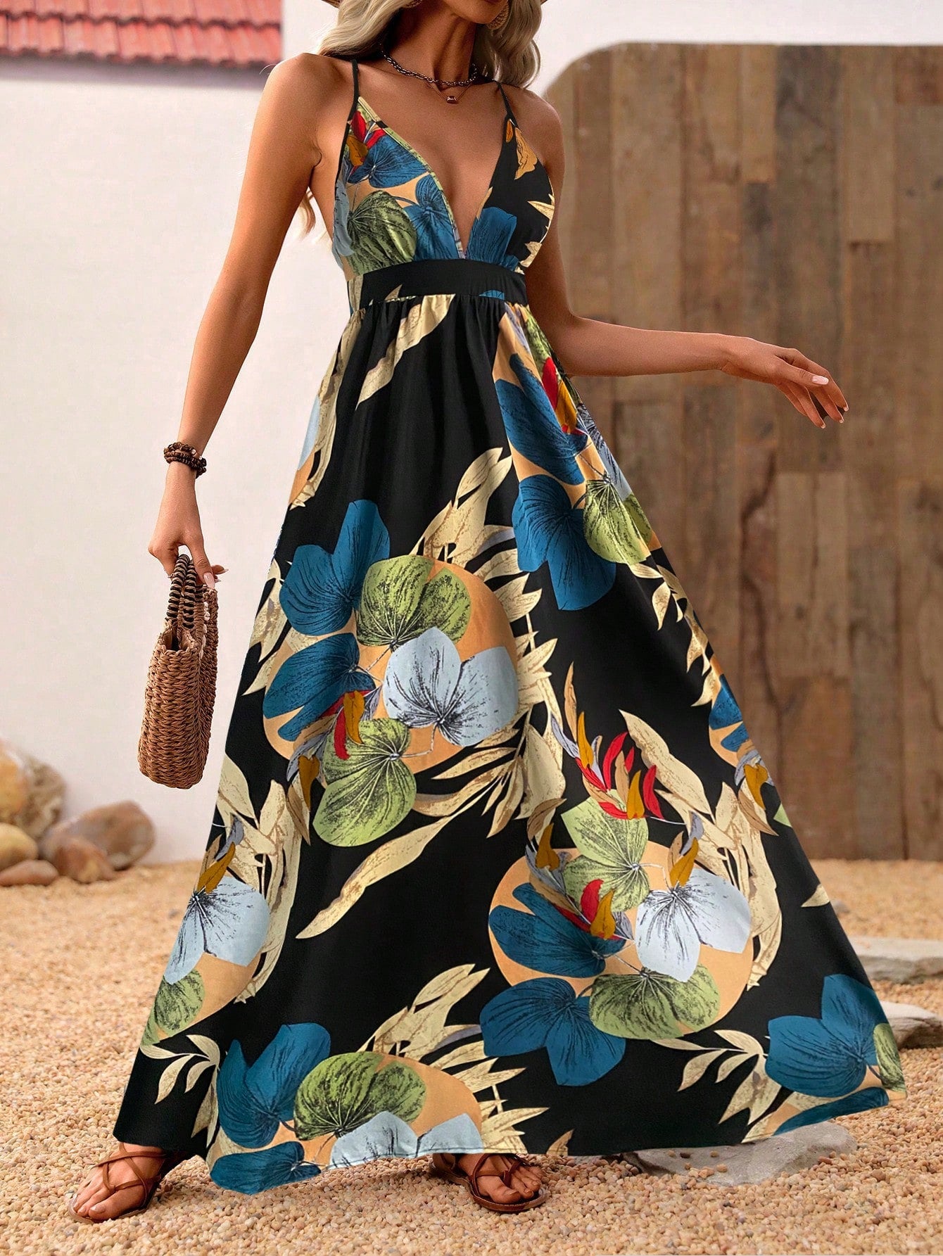 Flower Print Halter Neck Backless Dress