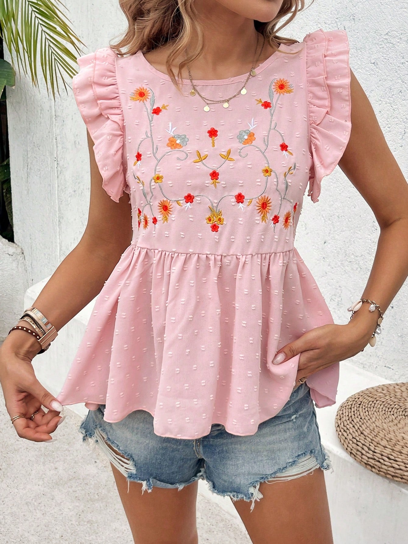 Women Floral Embroidered Peplum Waist Shirt With Ruffle Hem For Summer