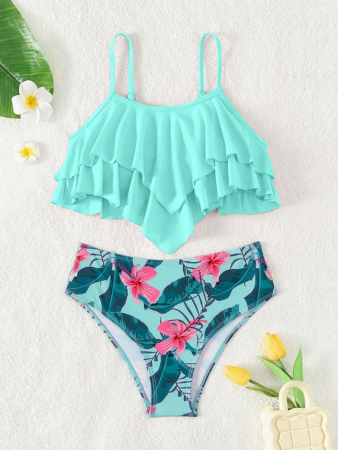 Teen Girl Ruffled Separate Strap Tankini Set For Summer Vacation, Beach And Swimming