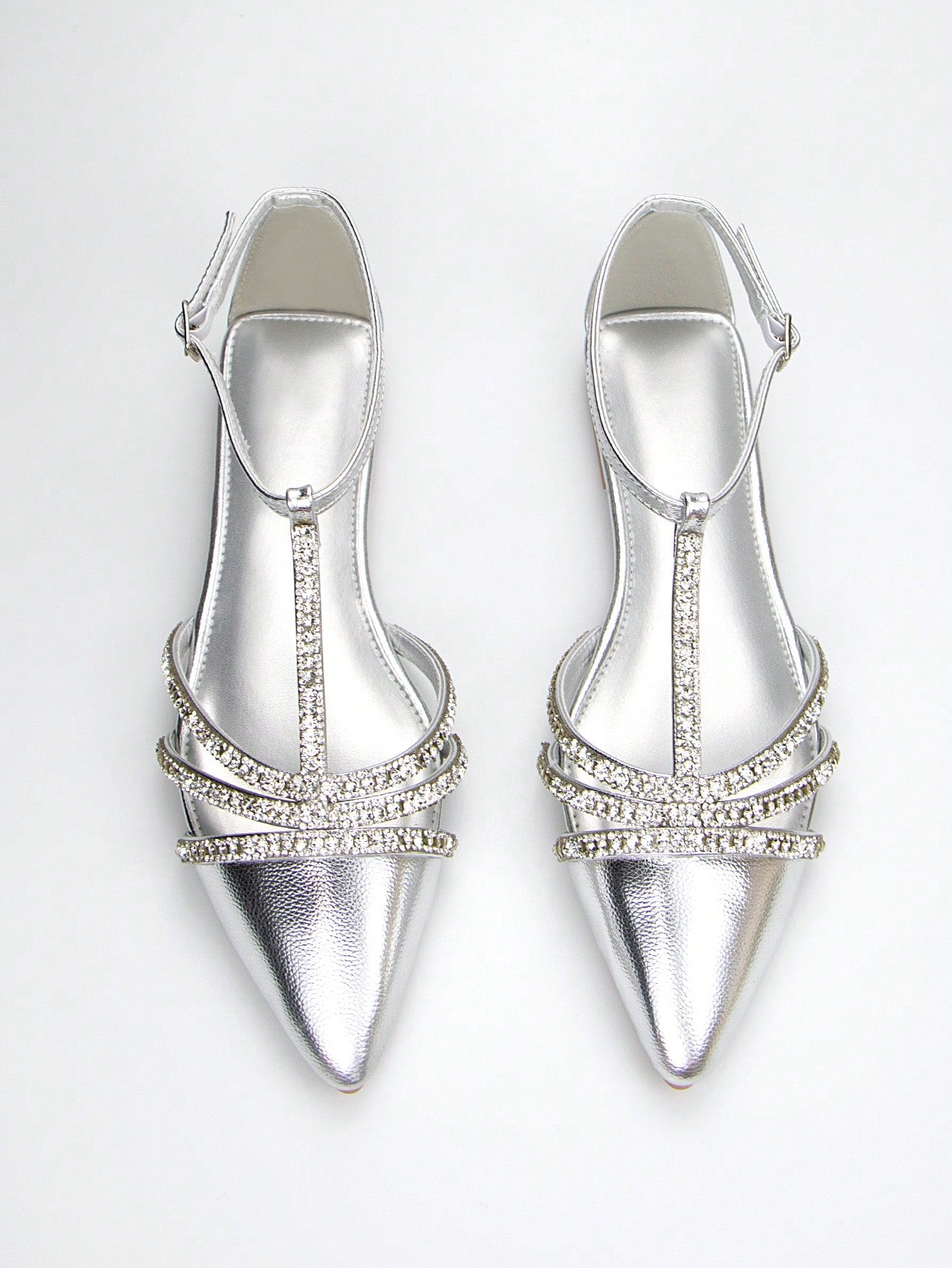 Women Elegant And Comfortable Daily/Party Flat Shoes With Gorgeous Feng Shui Rhinestone Strap, Decorative Silver Metallic Fabric, Pointed Toe, Cutout Toe Box And Ankle Strap