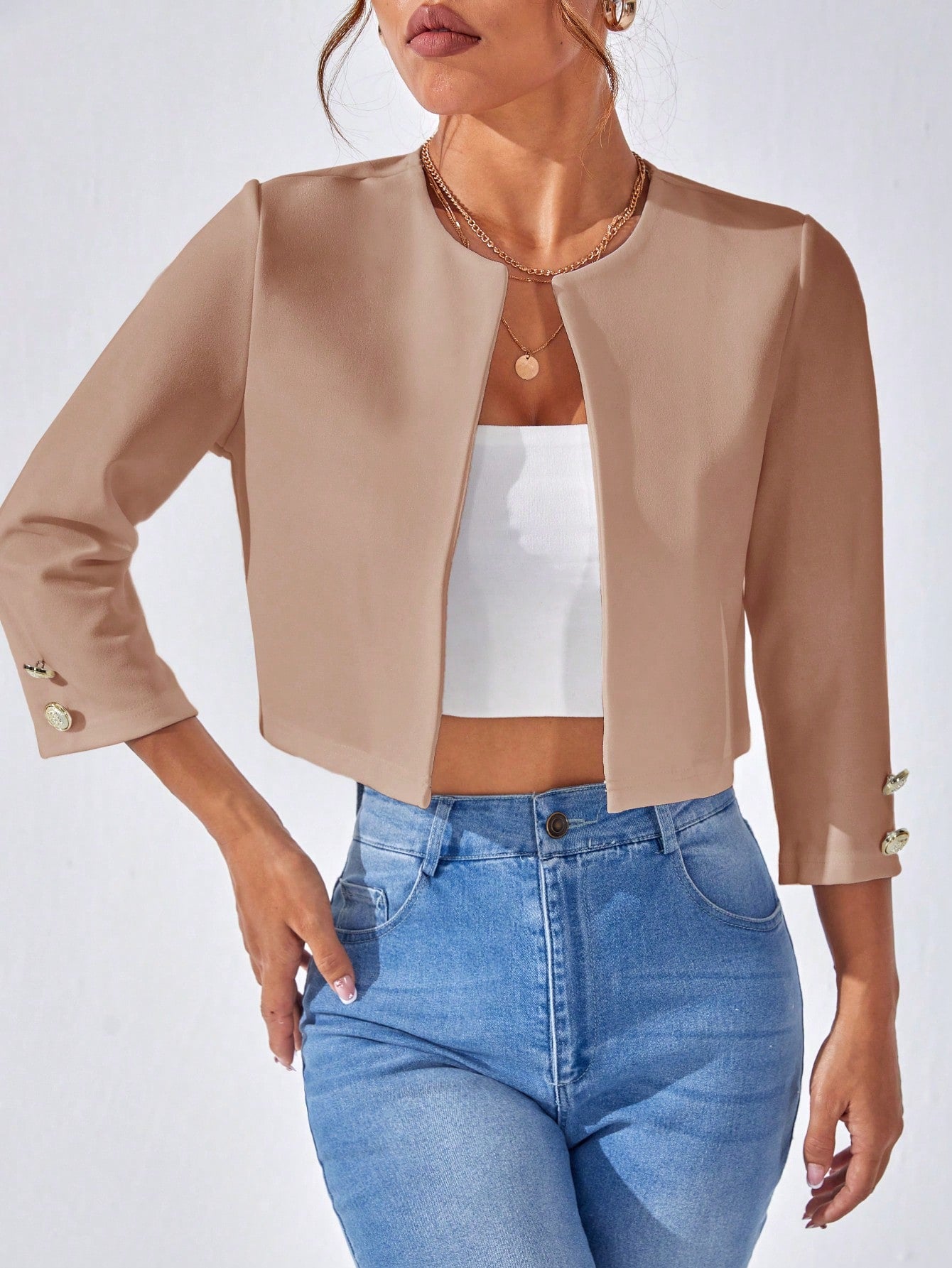 1pc Solid Open Front Crop Jacket