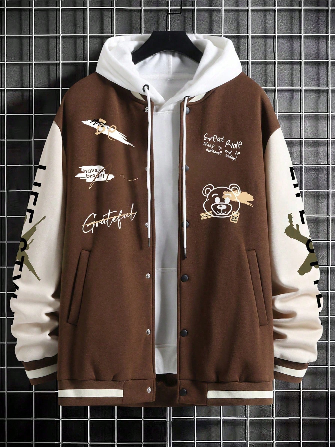 Men's Letter Graphic Two-Tone Loose Fit Drop Shoulder Varsity Jacket Without Hoodie