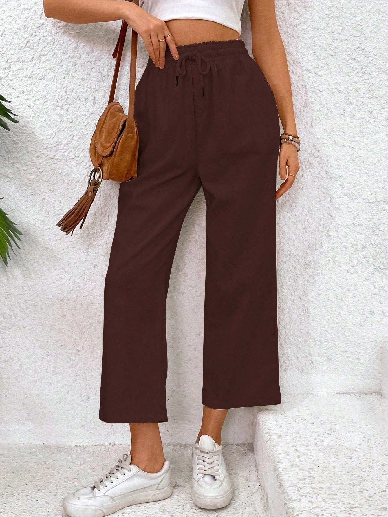 Women's Solid Color Drawstring Waist Wide Leg Pants