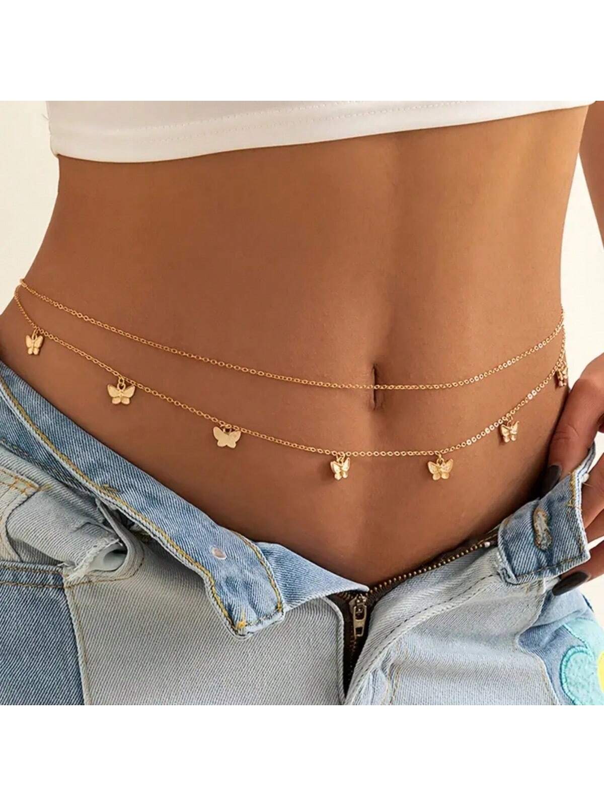 1pc European And American Cross-Border Jewelry, Punk And Vintage Metal Chain Butterfly Adjustable Multi-Layer Waist Women Fashion Body Chain