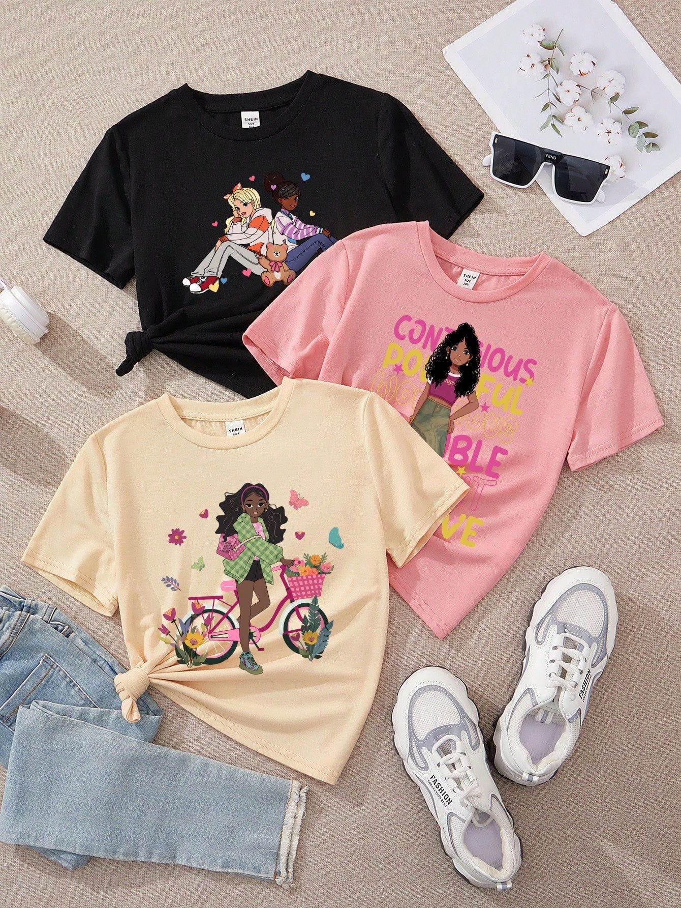 Multipack Casual Simple Cartoon Pattern T-Shirts For Tween Girls, Suitable For Summer