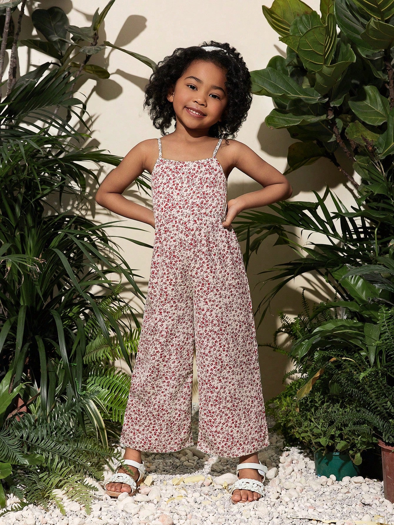 Young Girls' Holiday Casual Loose Fit Floral Print Jumpsuit With Spaghetti Straps