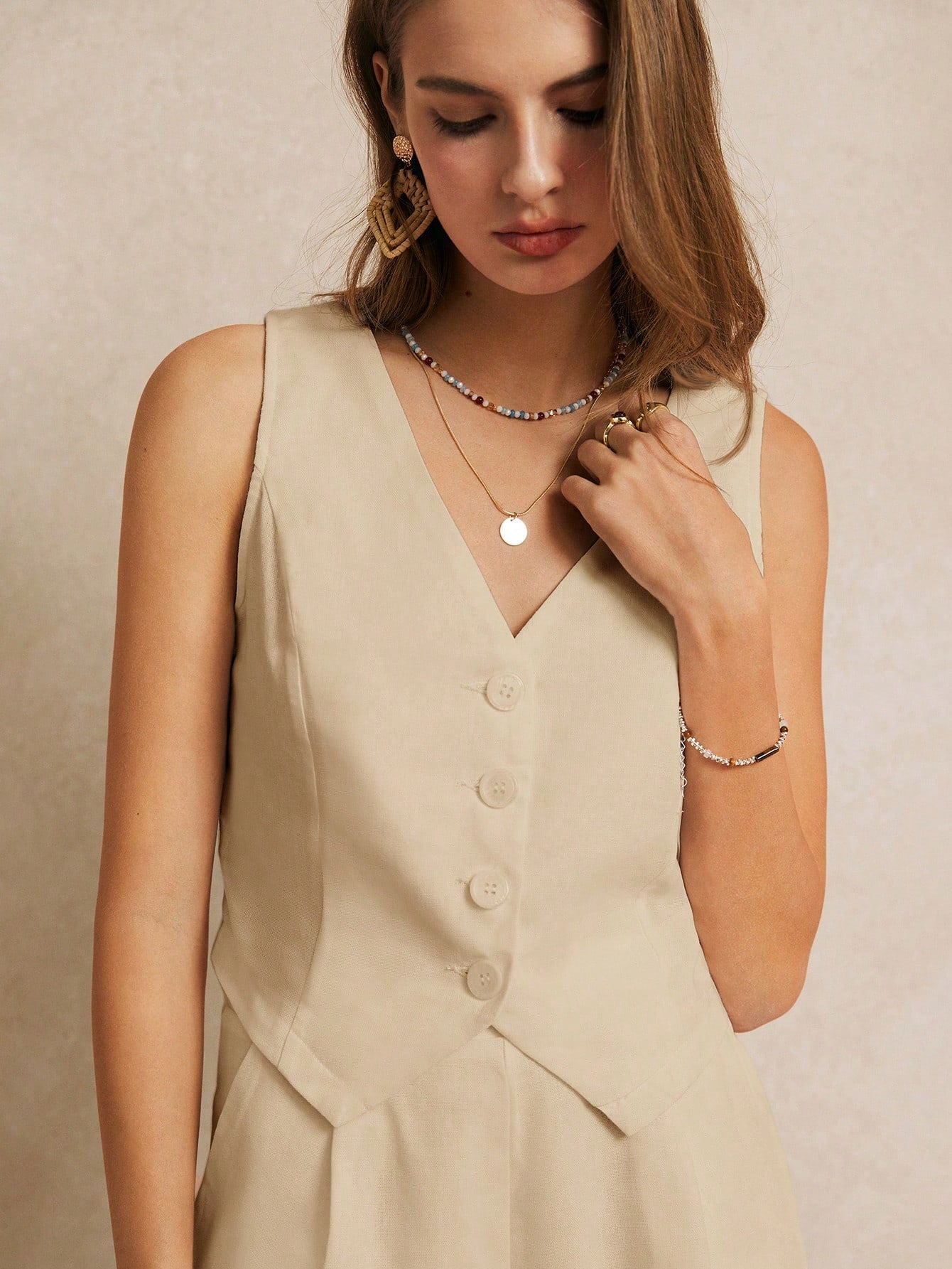 Frenchy Summer Vacation Wedding Season, Casual Boho Chic Solid Color Minimalist Draped V-Neck Sleeveless Blazer With Decorative Button Details, Elegant Romantic, Cute Top, Short Women Sets, White Essential, Summer Outfit, Wedding Season Essential, Cottage
