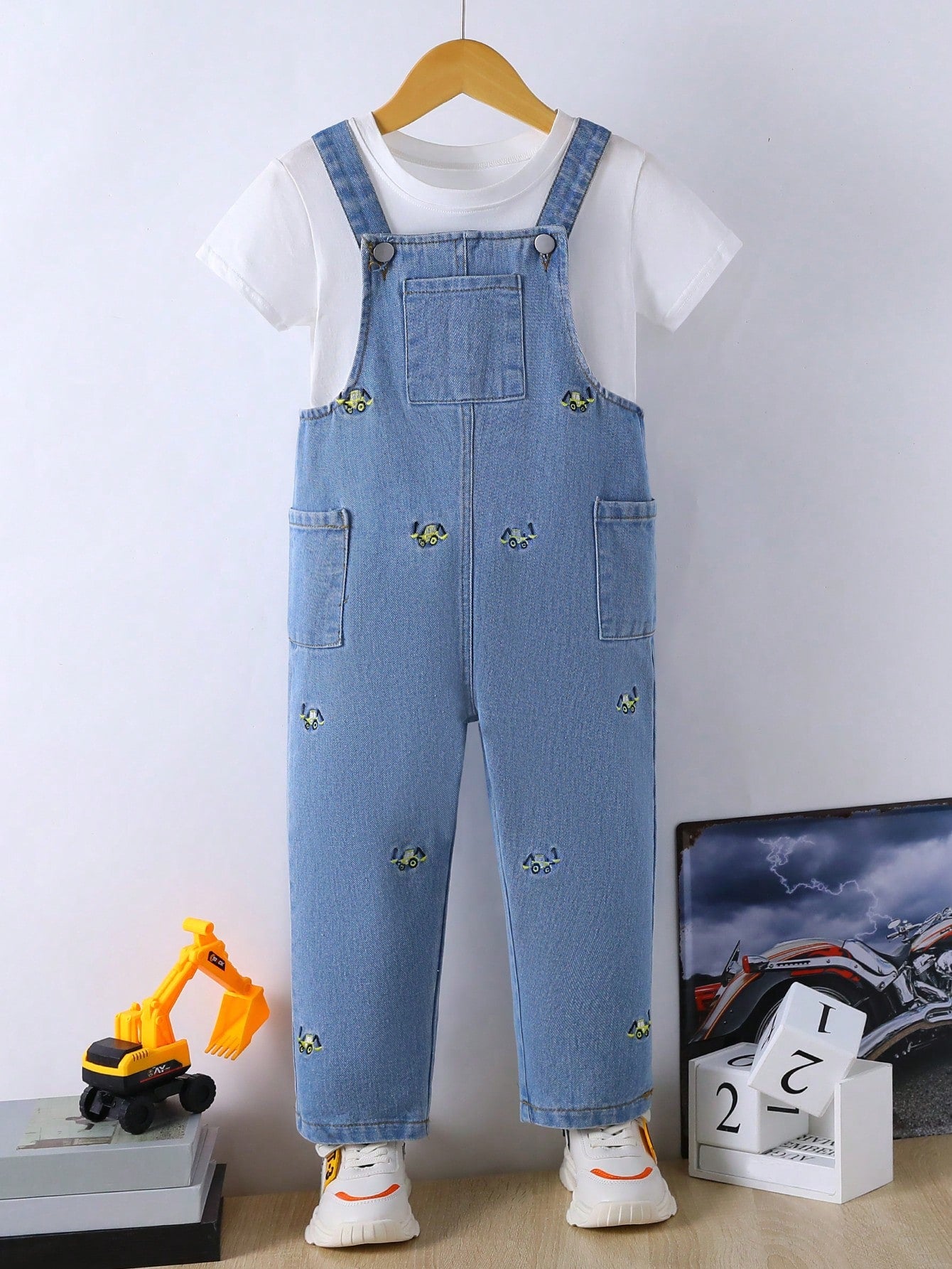 Young Boy Excavator Embroidered Casual Overalls