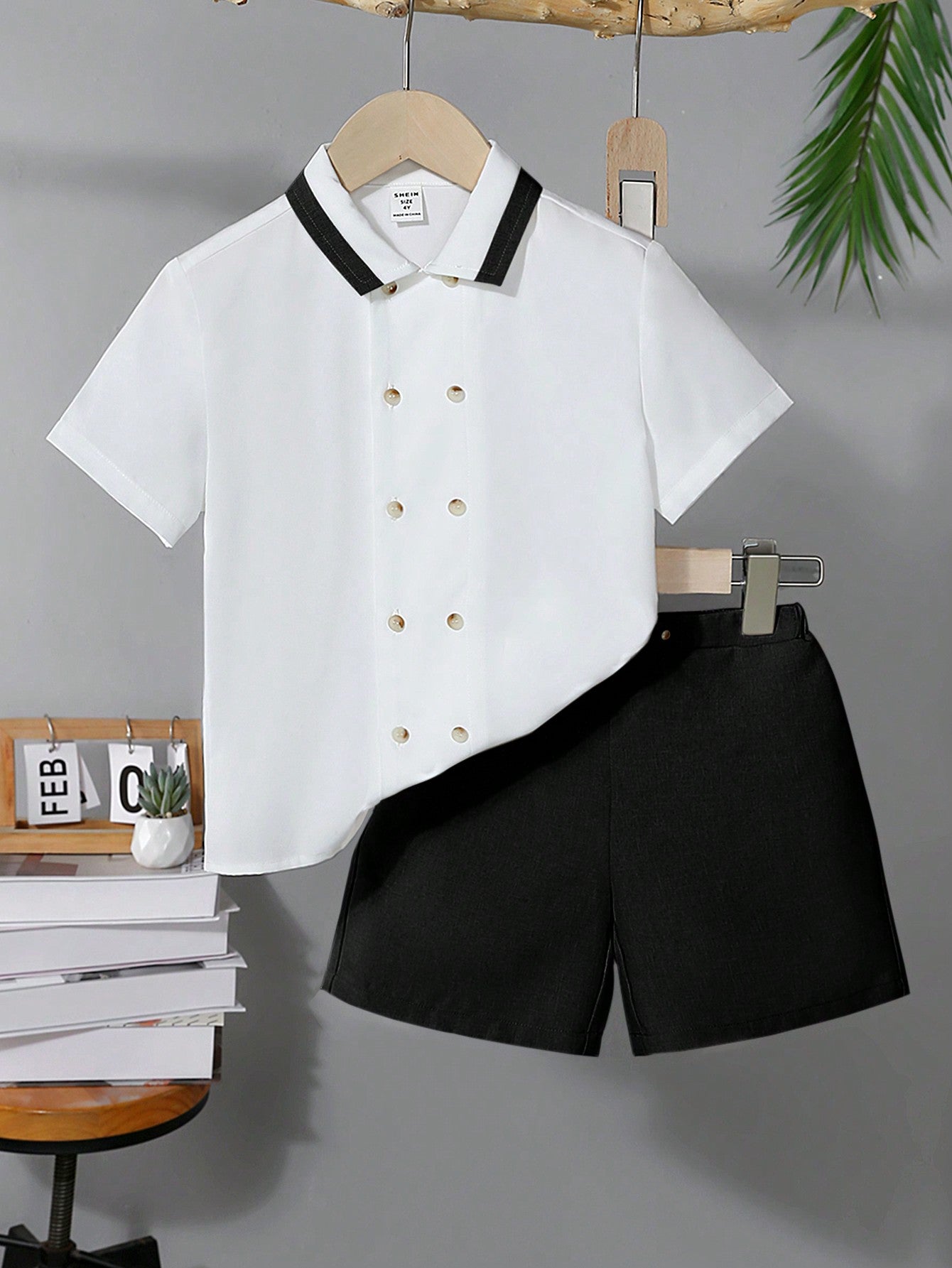 Young Boy Handsome Suit, Elegant Double-Breasted Floral Dress Shirt And Shorts Set With Gentlemen Style Collar