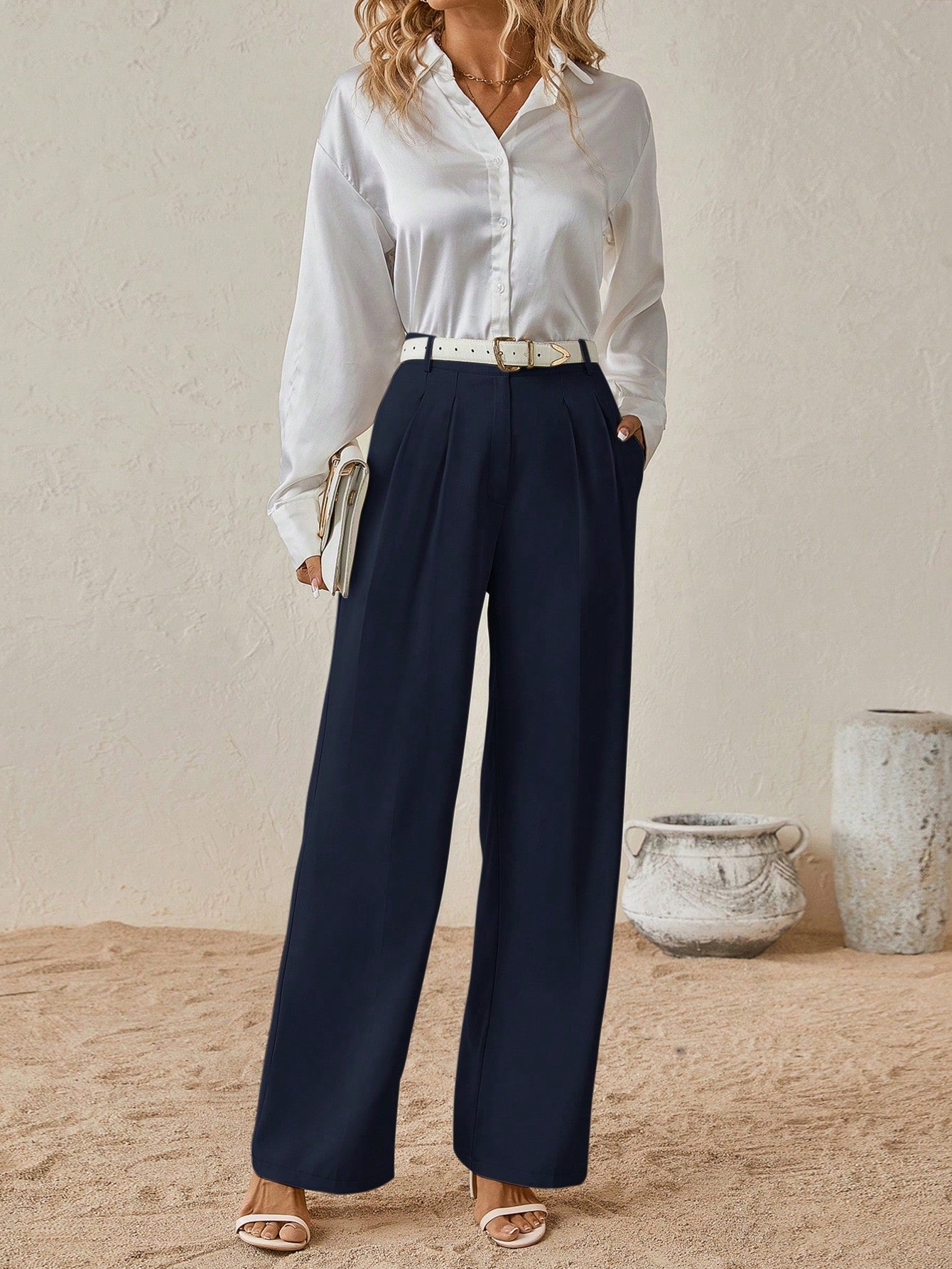 Women Solid Color Pleated Casual Slim Fit Suit Pants