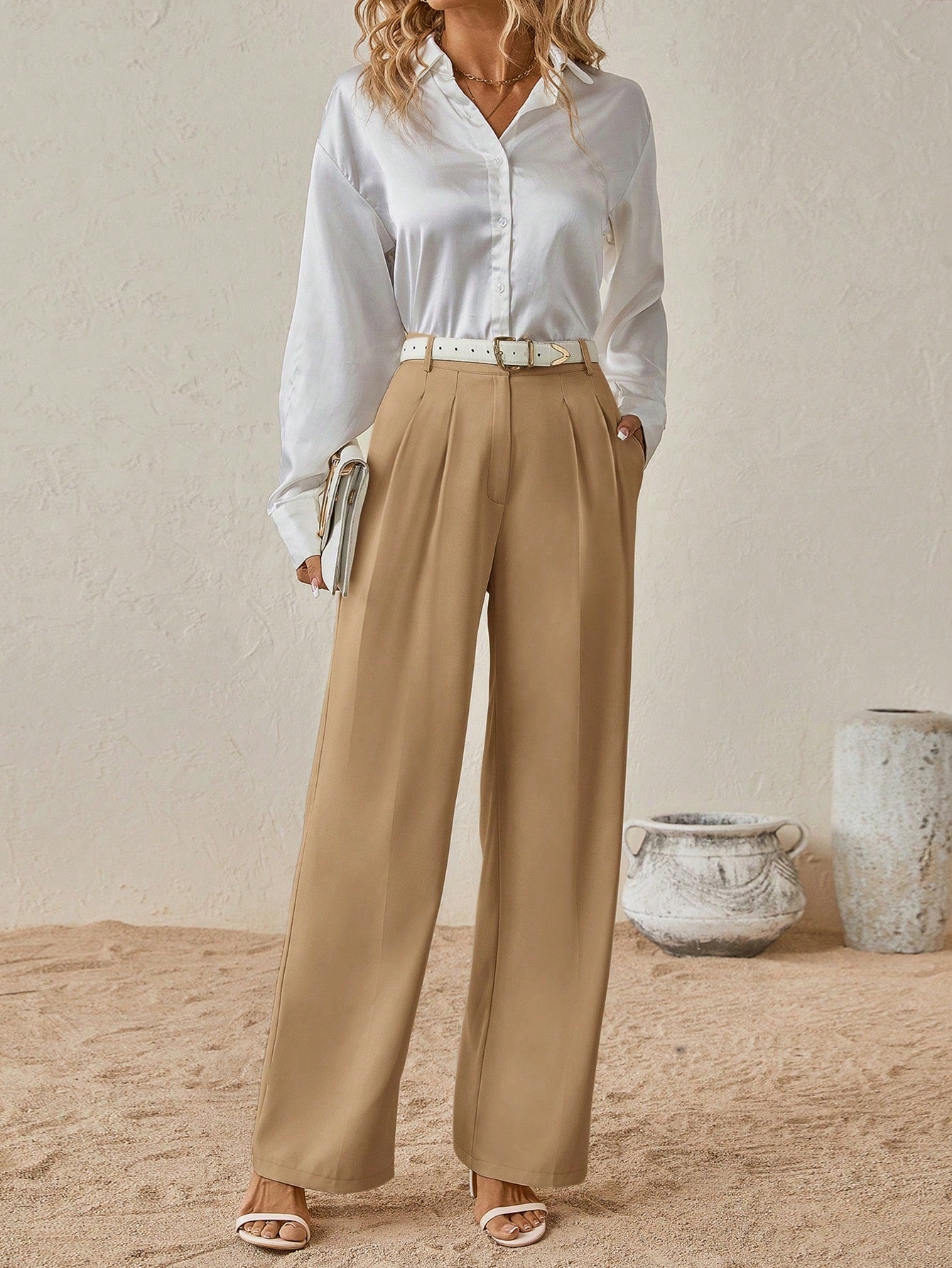 Women Solid Color Pleated Casual Slim Fit Suit Pants