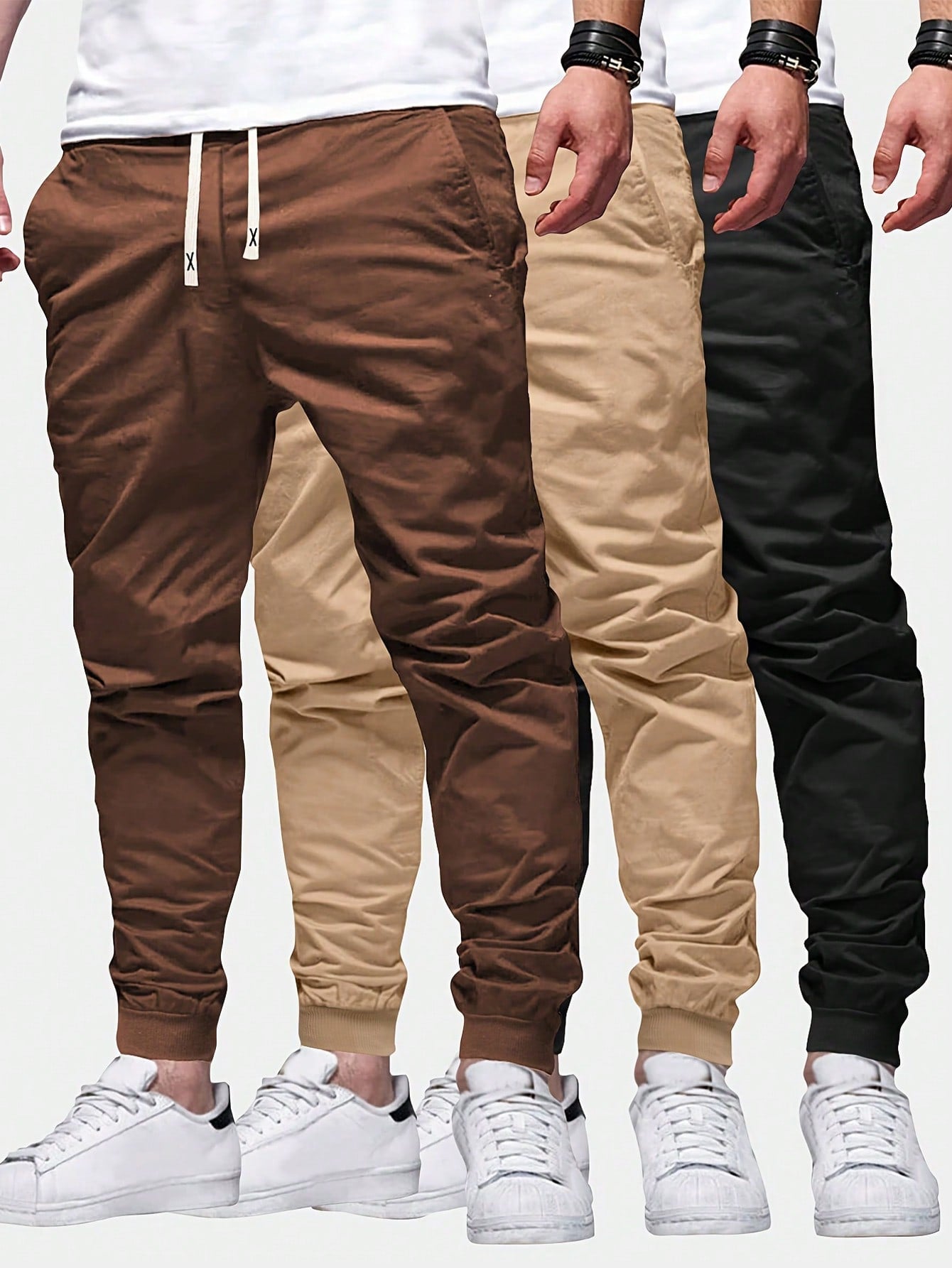 3 Pcs Men Spring And Autumn Fashionable Solid Color Basic Casual Pants With Regular Fit, Pockets, Elastic Waist And Drawstring For Outing And Sports