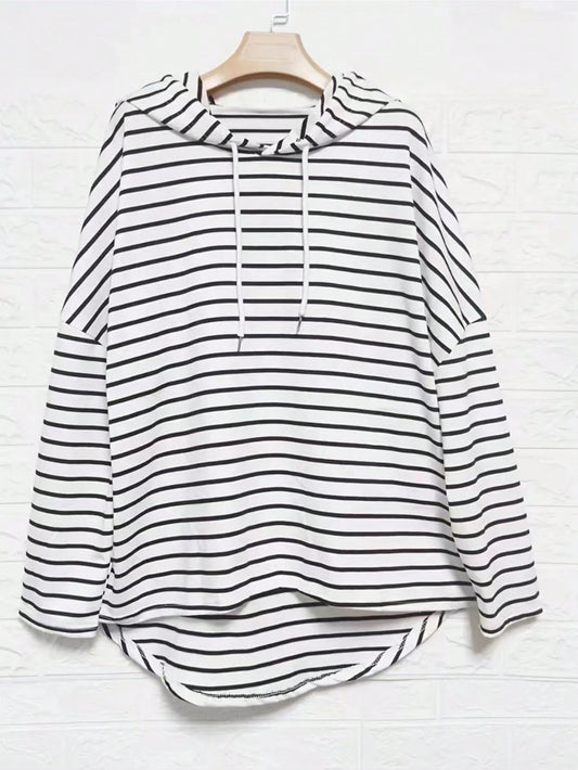 Women Plus Size Striped Drop Shoulder Long Sleeve Loose Fit Hoodie For Spring And Autumn