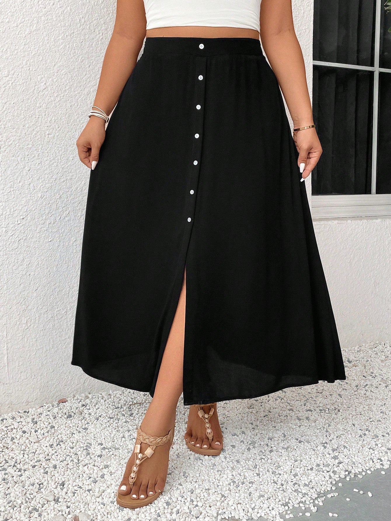 Frenchy Plus Size Vacation Style Solid Color Pleated Midi Skirt With Button Embellishment And Side Slit Black Skirt