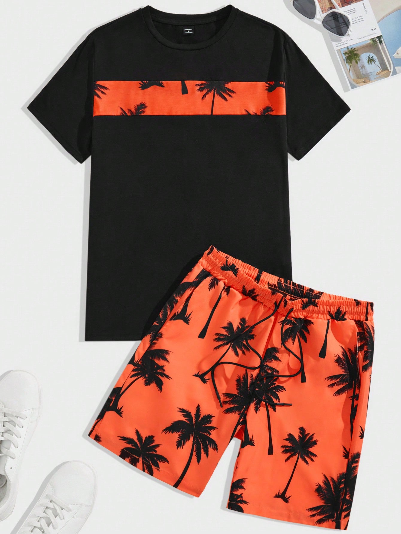 Men's Tropical Print Colorblock Knitted T-Shirt And Drawstring Waist Shorts Set