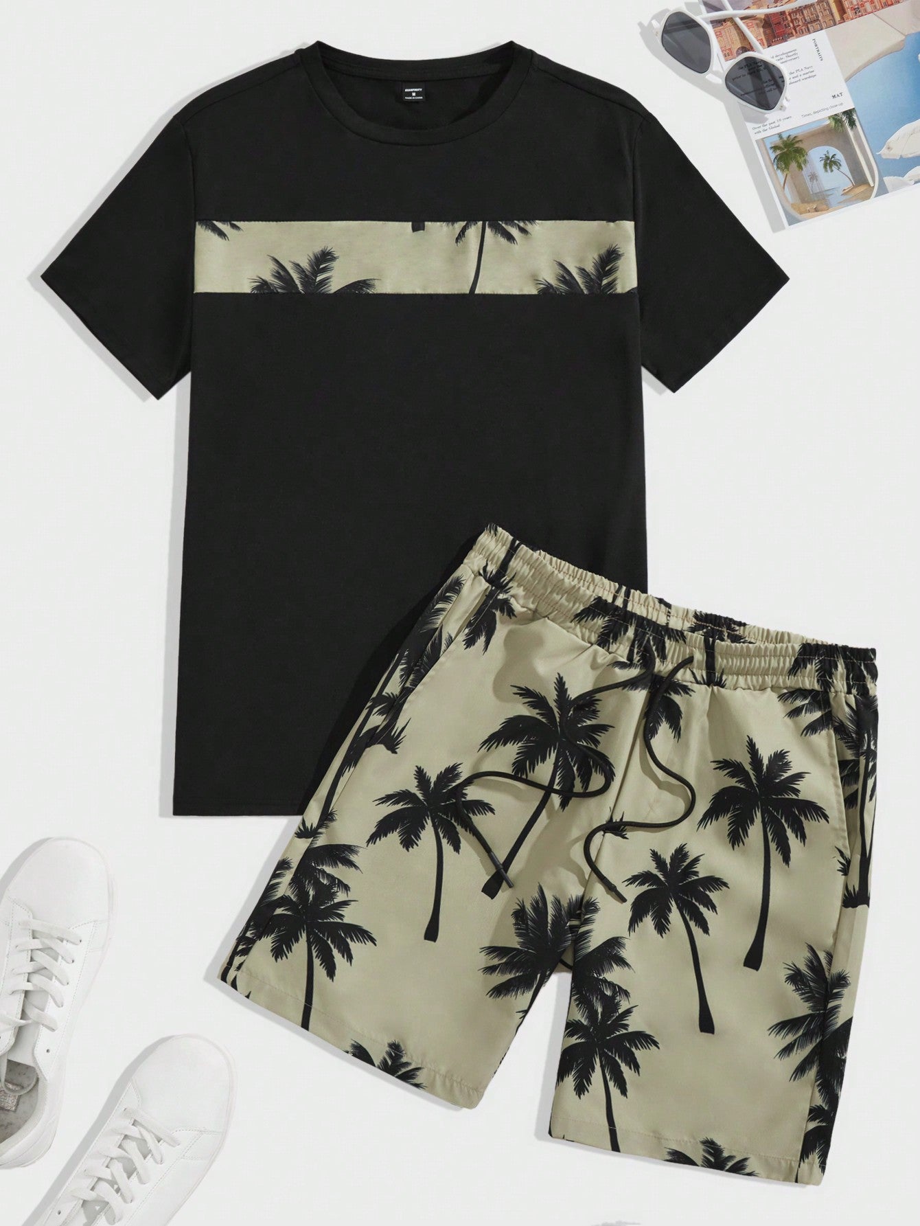 Men's Tropical Print Colorblock Knitted T-Shirt And Drawstring Waist Shorts Set