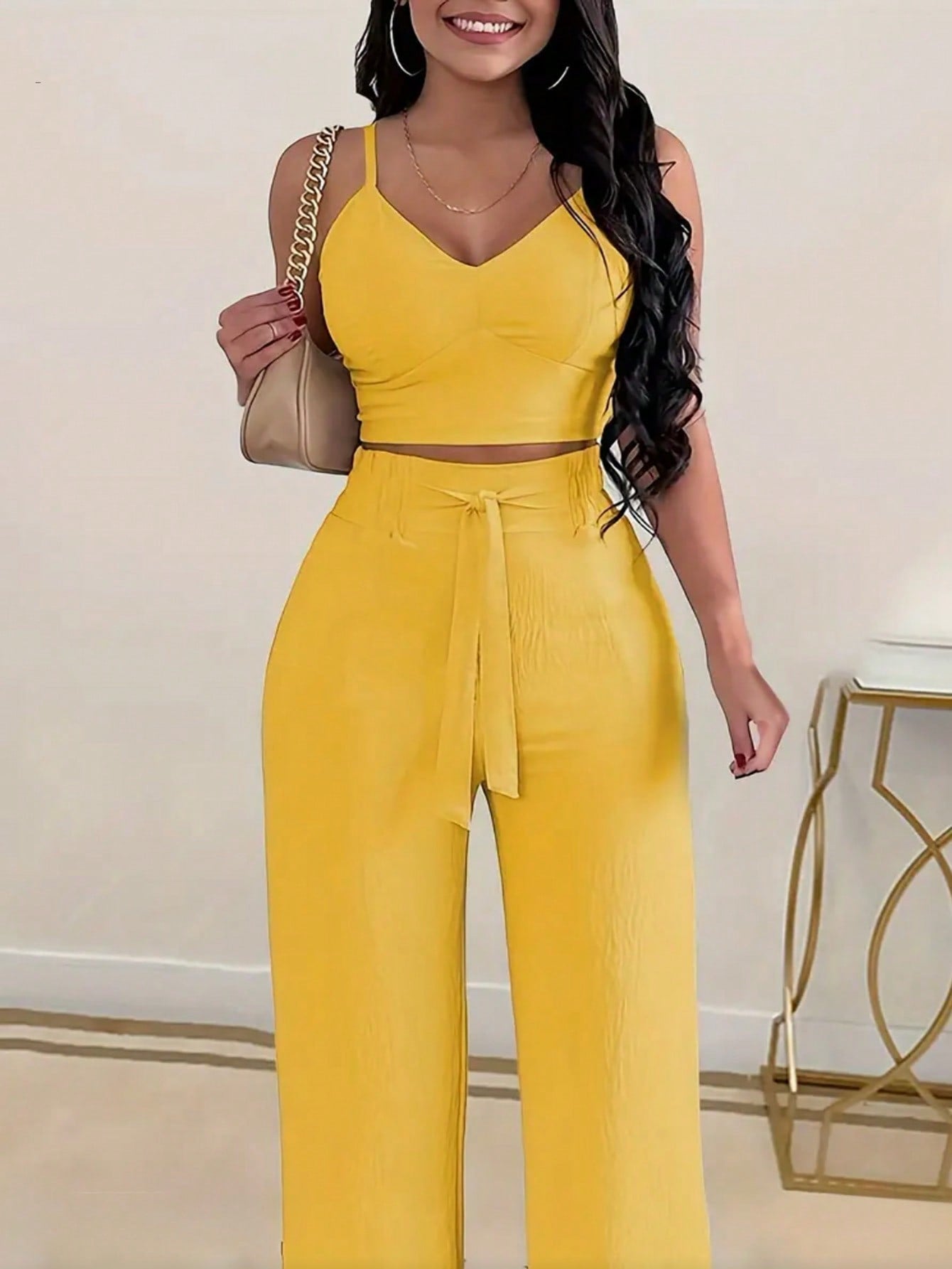 Elegant Suspender Back Crop Top Wide Leg Bow Belt Trousers Yellow Women's Two-Piece Set-C