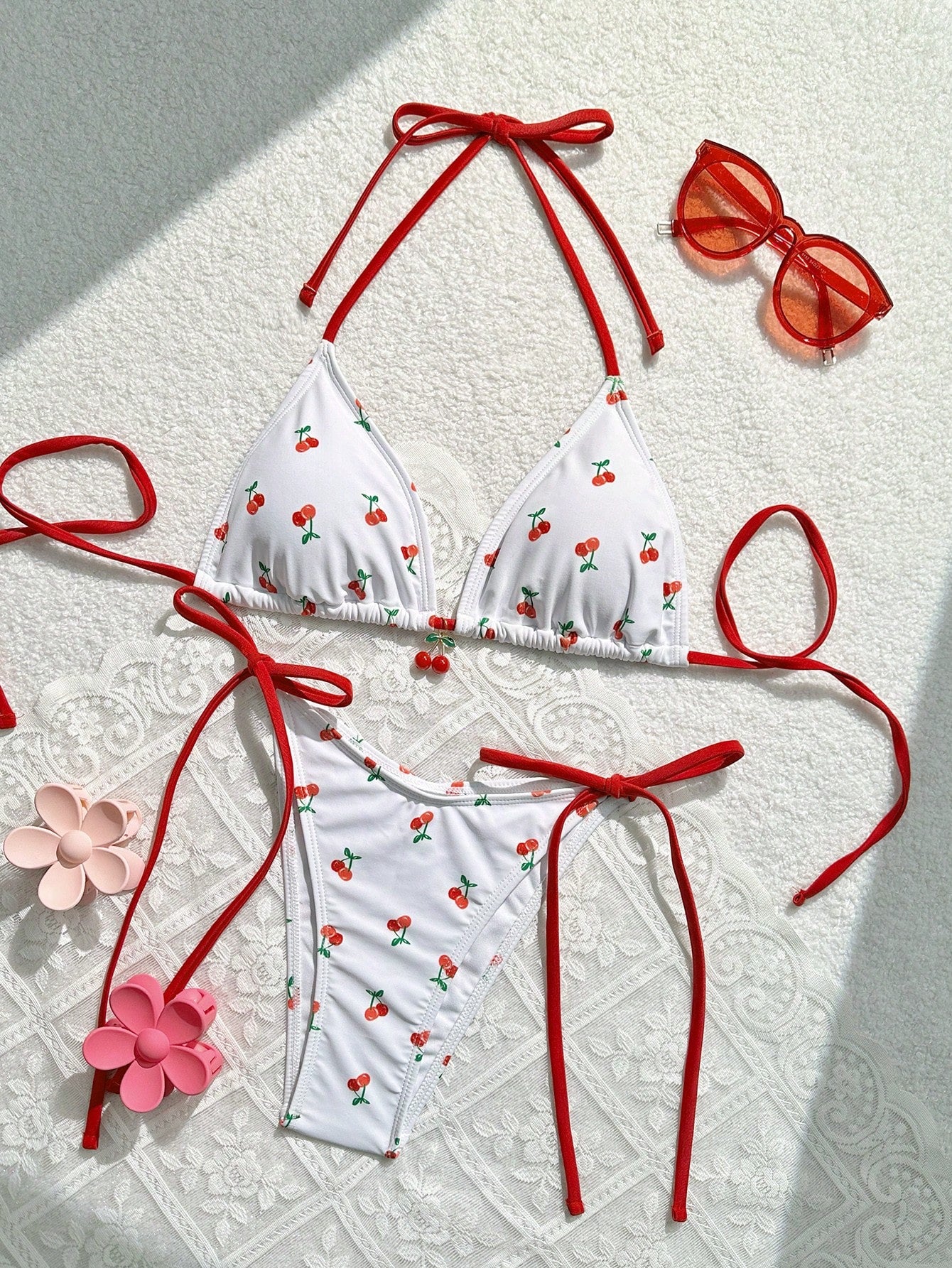 Swim Mod Women Summer Beach Cherry Print Halter Neck Bikini Set For Vacation