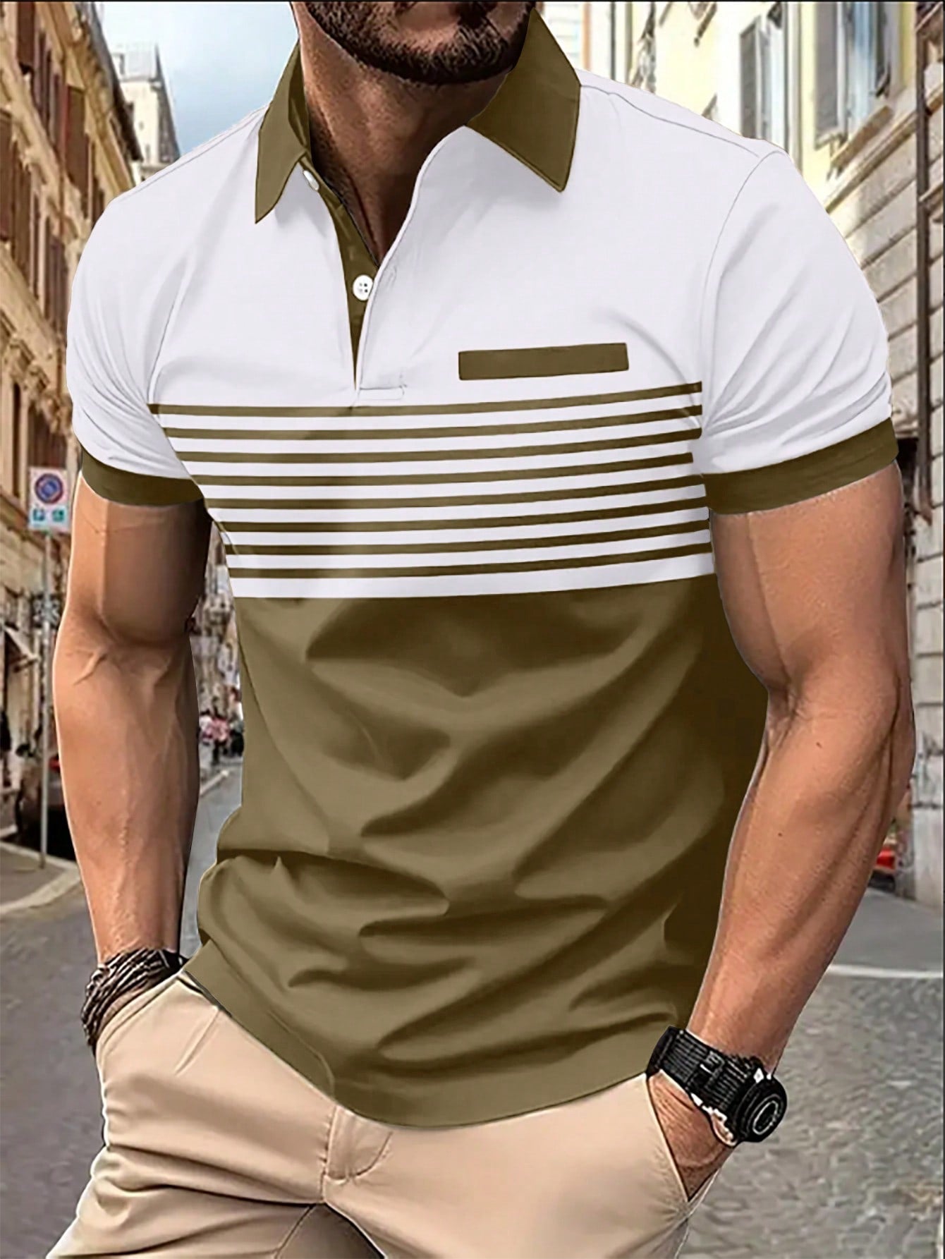 Men's Color Block Striped Polo Shirt