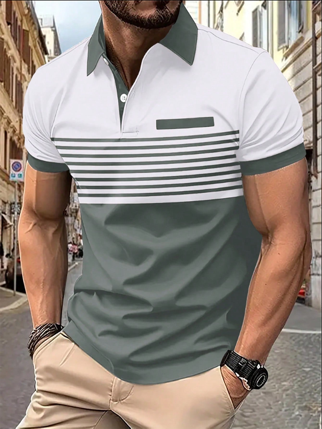 Men's Color Block Striped Polo Shirt