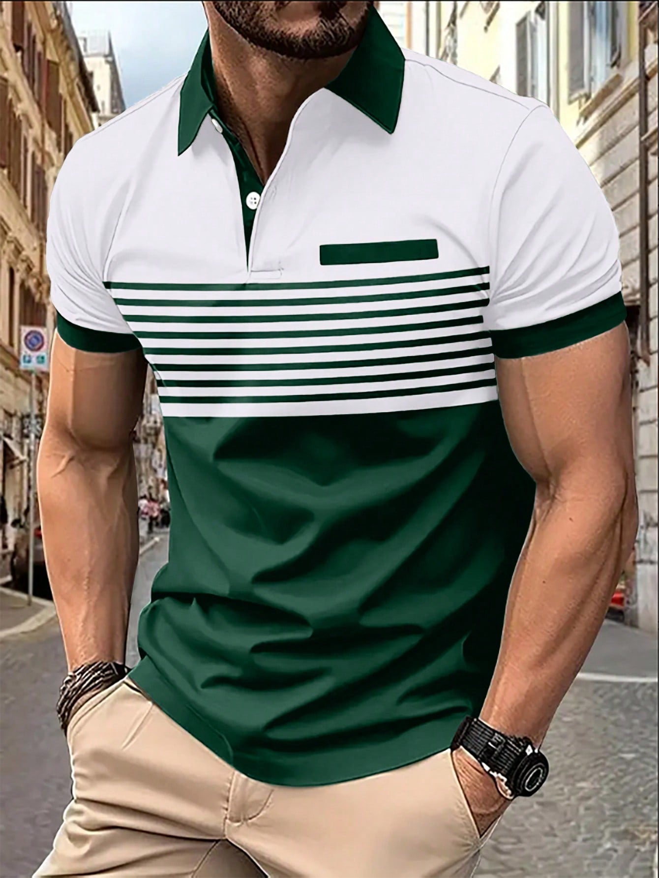 Men's Color Block Striped Polo Shirt