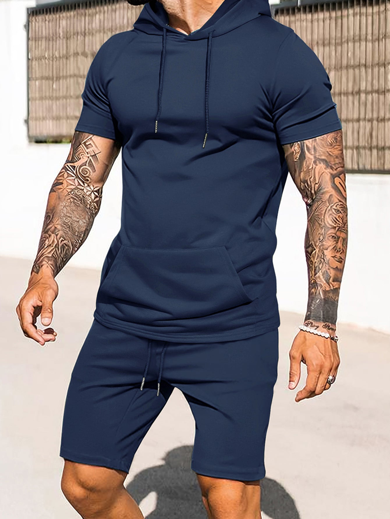 Men Summer Daily Wear Plain Hoodie And Shorts Set