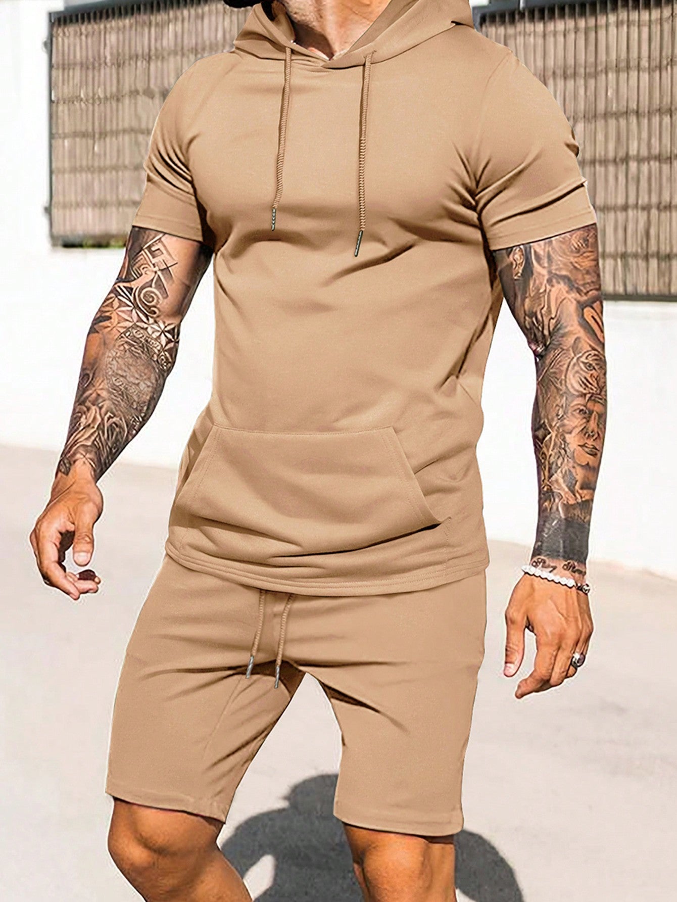 Men Summer Daily Wear Plain Hoodie And Shorts Set