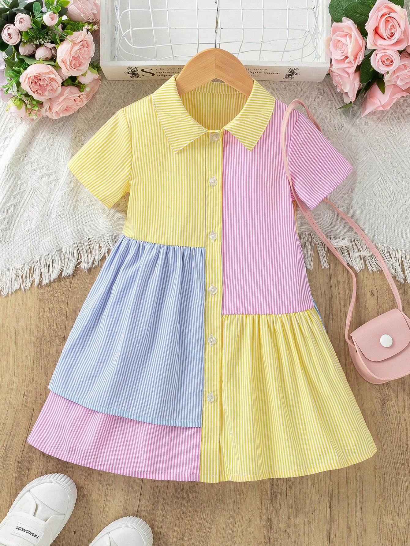 Young Girl Multicolor Striped Color Block Elegant Collared Short Sleeve A-line Dress For Summer