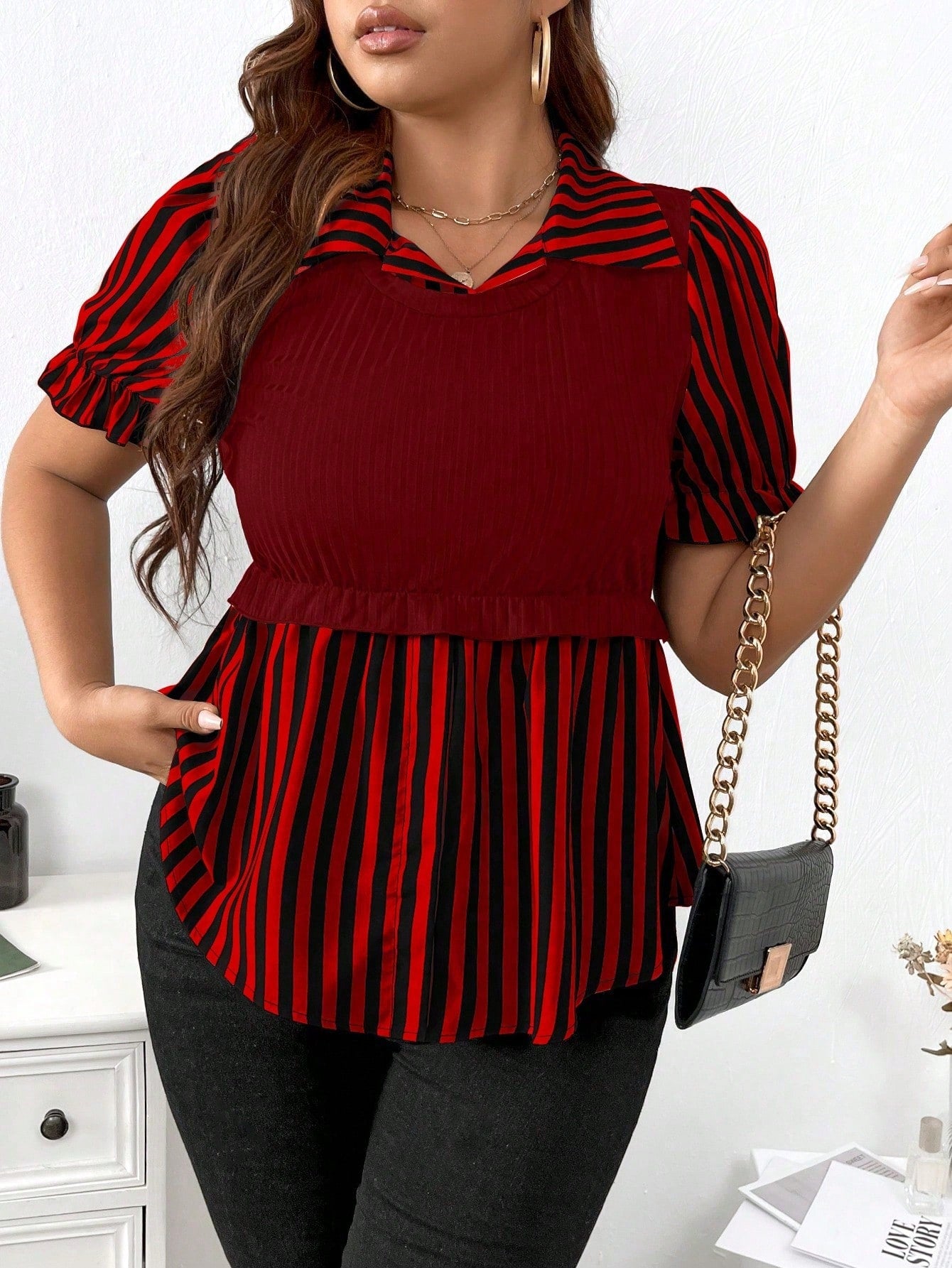 Plus Striped Print Puff Sleeve Peplum Top