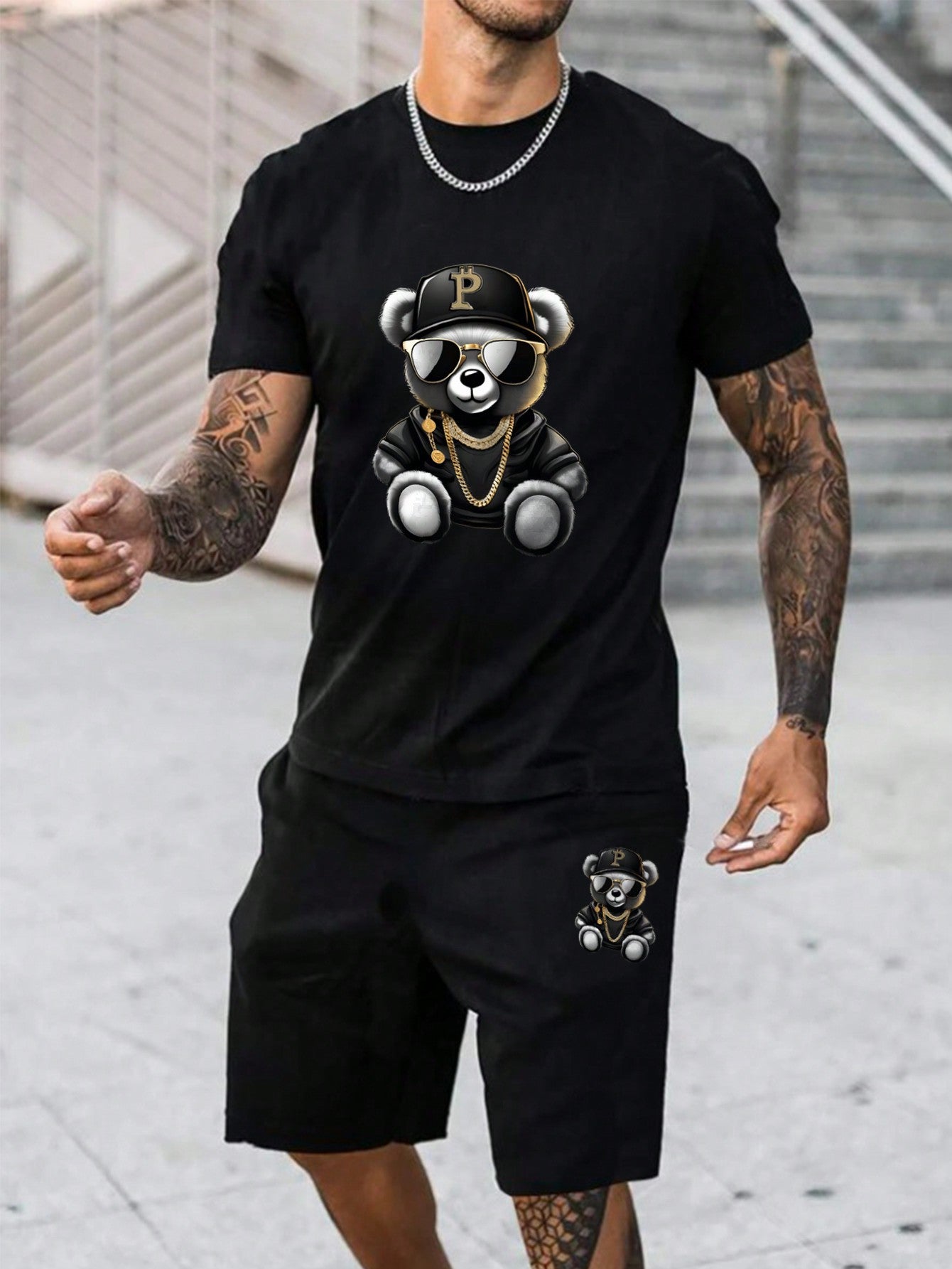 Men Casual Daily Wear Spring/Summer Short Sleeve T-Shirt And Shorts Set With Bear Print