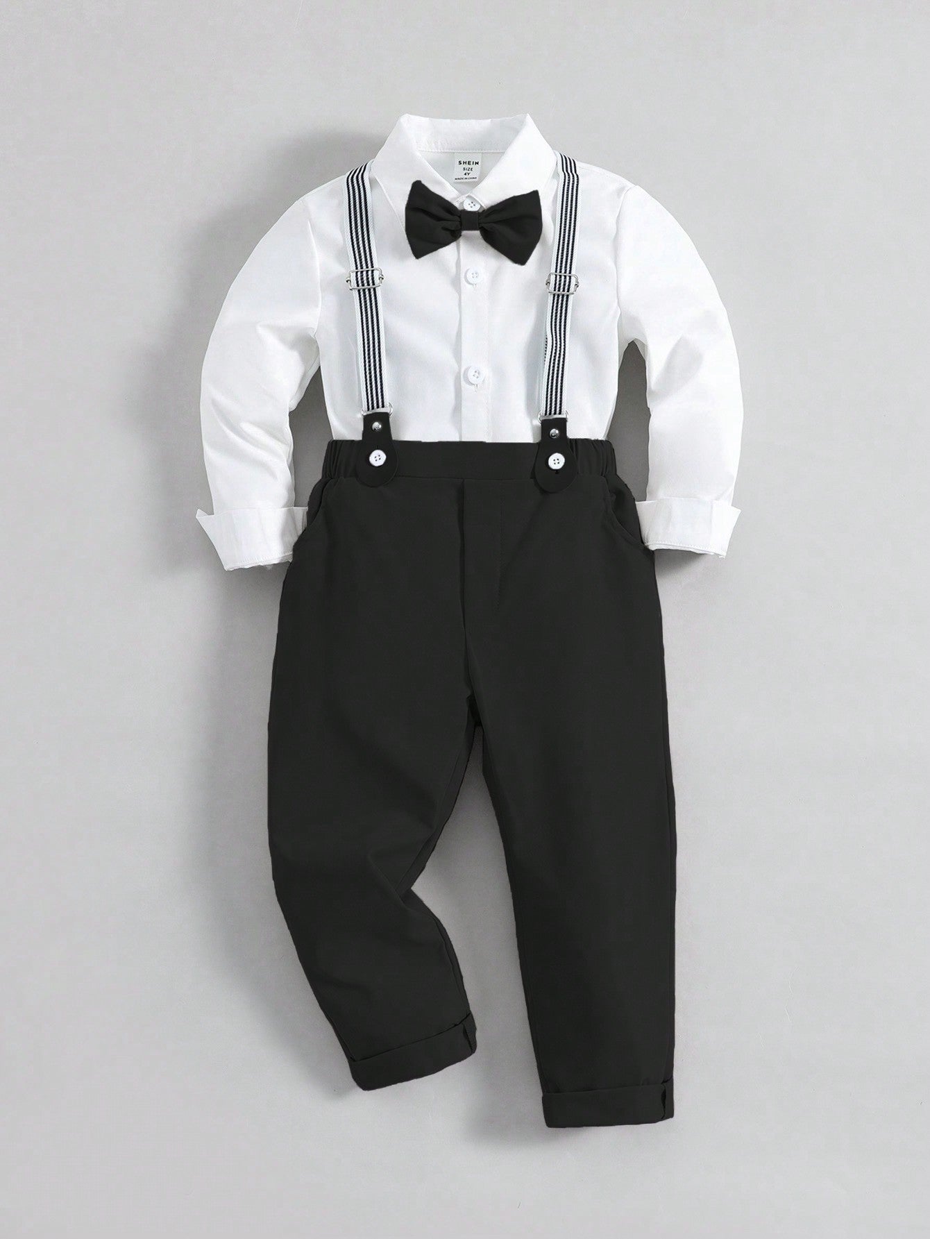 Young Boy Long Sleeve Shirt Bow Tie Suspenders Pants Gentleman Two Piece Set