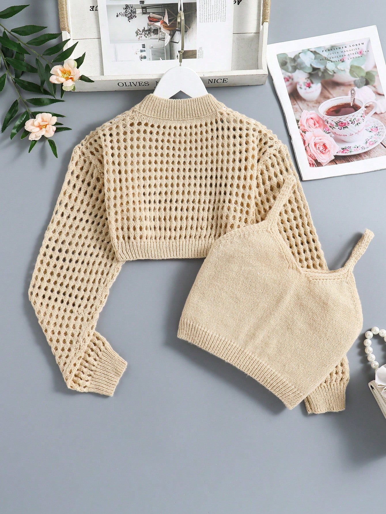 Tween Girl Trendy Hollow Design Sweater And Knitted Tank Top Spring/Summer Set