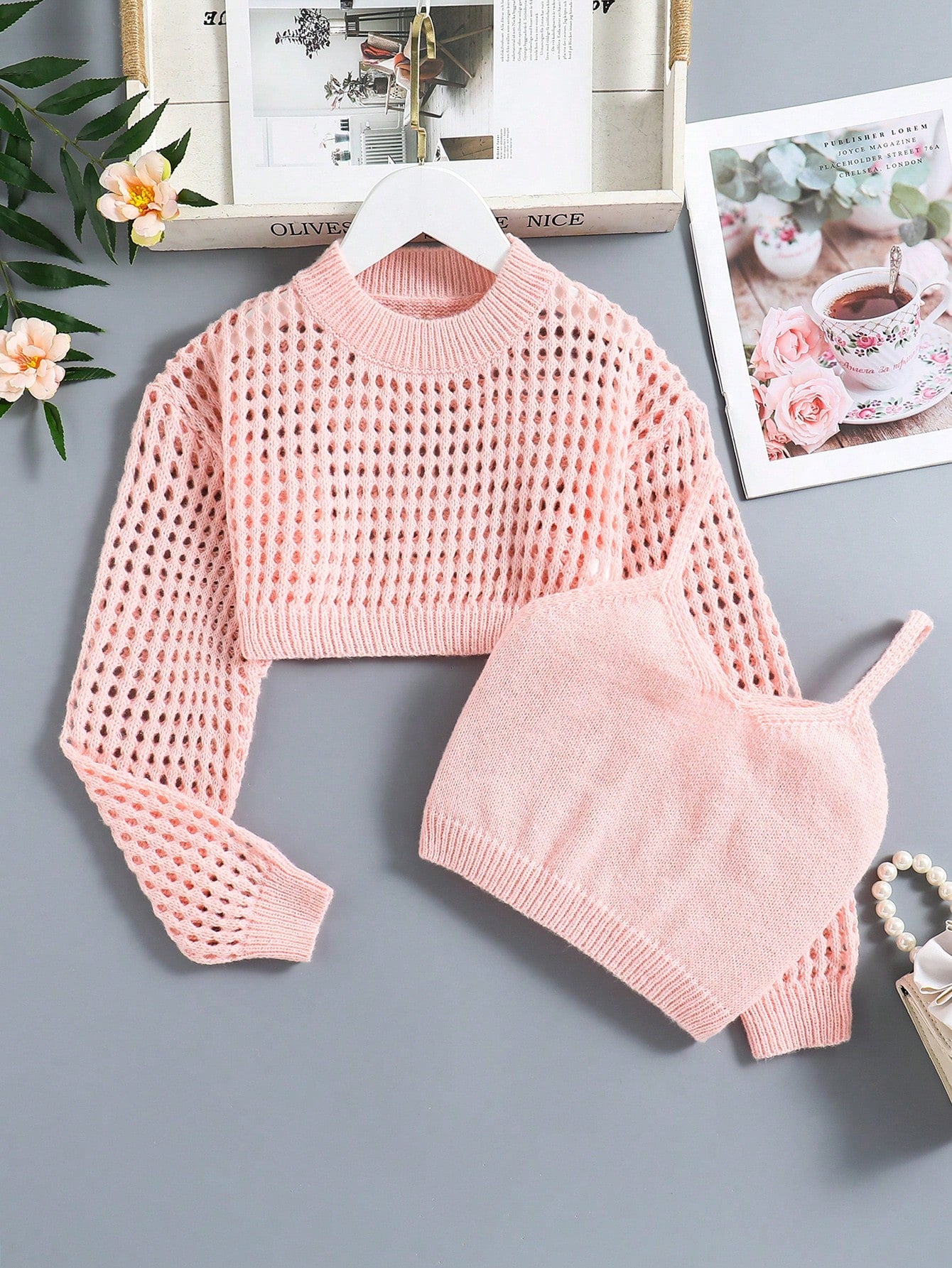 Tween Girl Trendy Hollow Design Sweater And Knitted Tank Top Spring/Summer Set