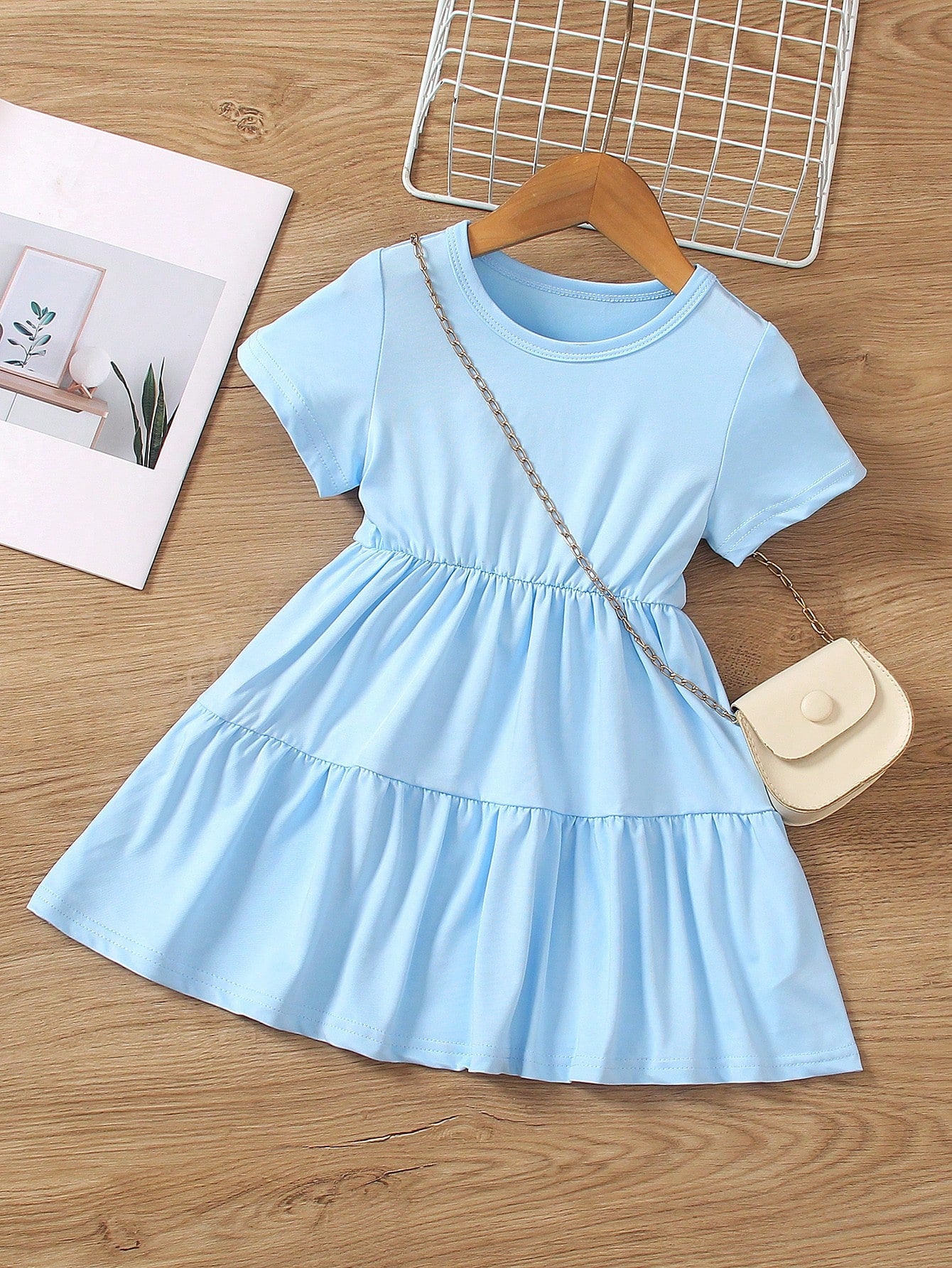 Young Girl Round Neck Solid Color Ruffle Hem Summer Casual Dress, Fashionable And Comfortable For Spring And Summer Wear