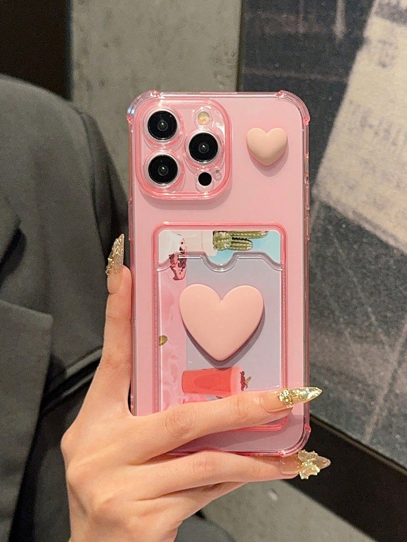 Pull-And-Slide Transparent Double Heart-Shaped Pendant Picture Frame Card Holder Phone Case Compatible With Iphone