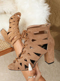 Women Summer And Spring New Fashionable And Versatile Ankle Boots With Back Zipper, Lacing, Hollow-Out Design, Round Toe, Open Toe, High Heels, Ties, Outdoors, Comfortable, Large Size, Thick Heeled, Breathable, Short Boots And High-Heeled Sandals