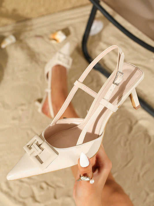 Women White Pointed Toe High Heels With Thin Heels And Decorative Buckle