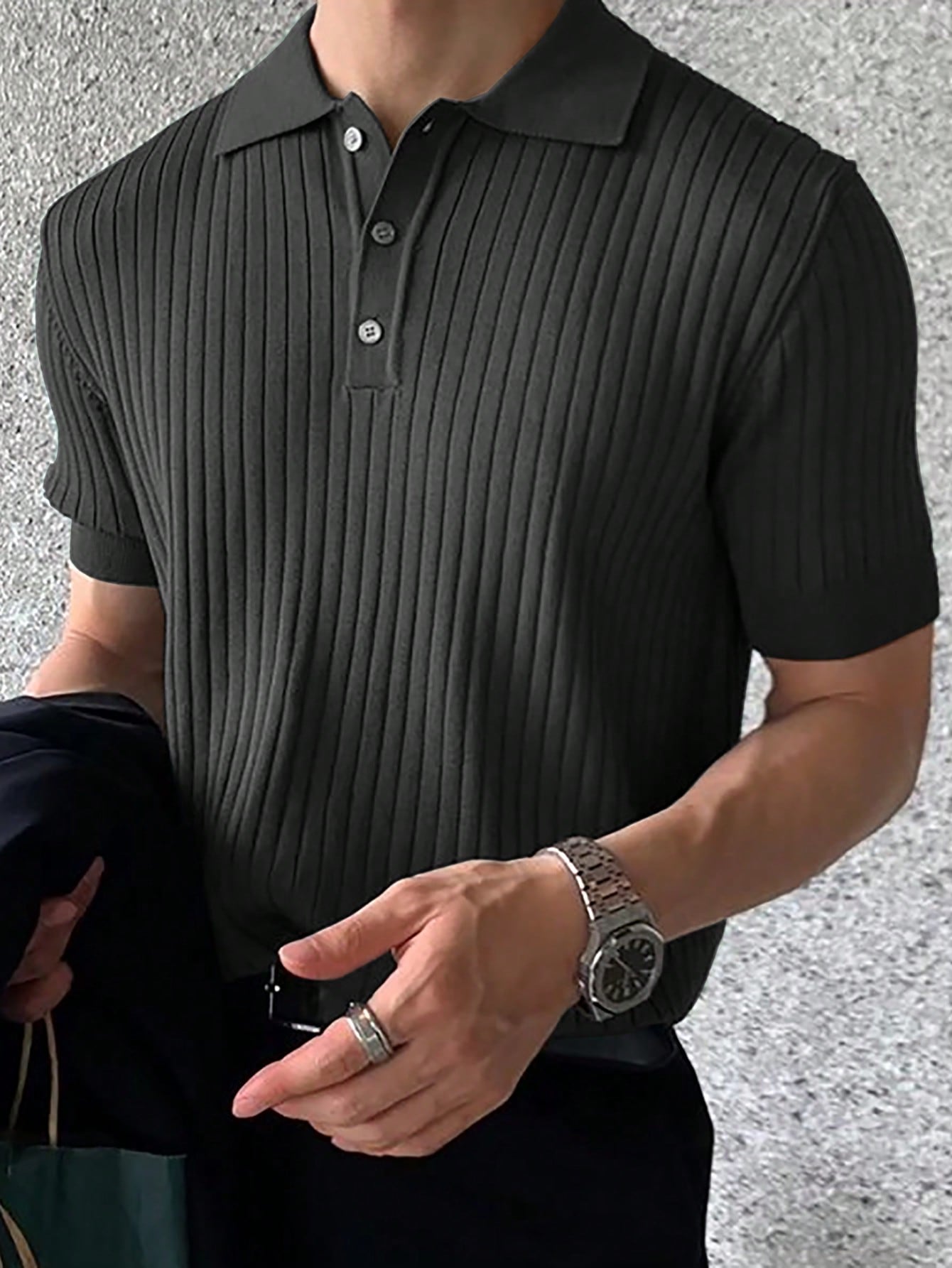 Men Polo Neck Ribbed Knit Top