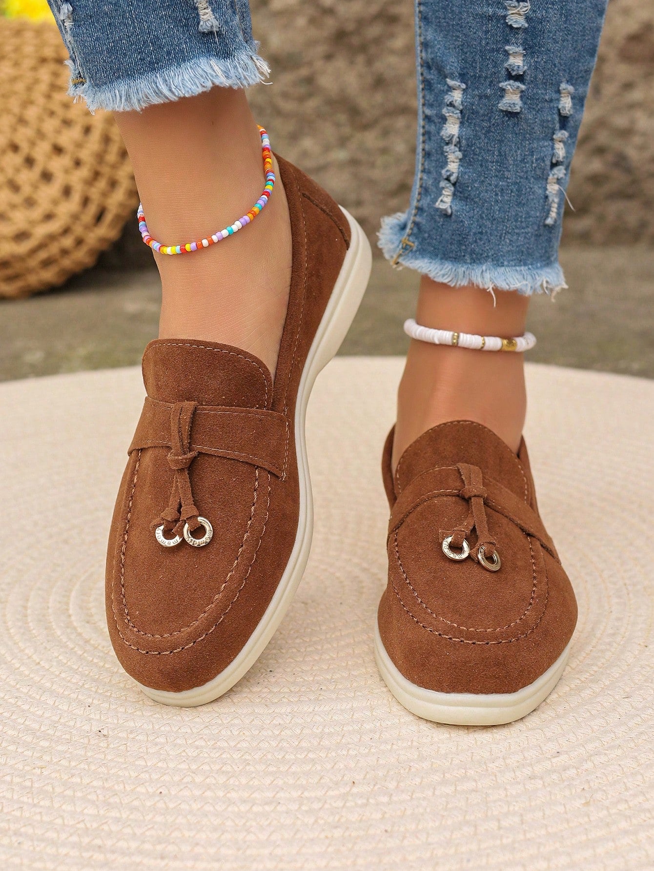 Women Metal Ring Decorated Casual Penny Loafers Flat Shoes