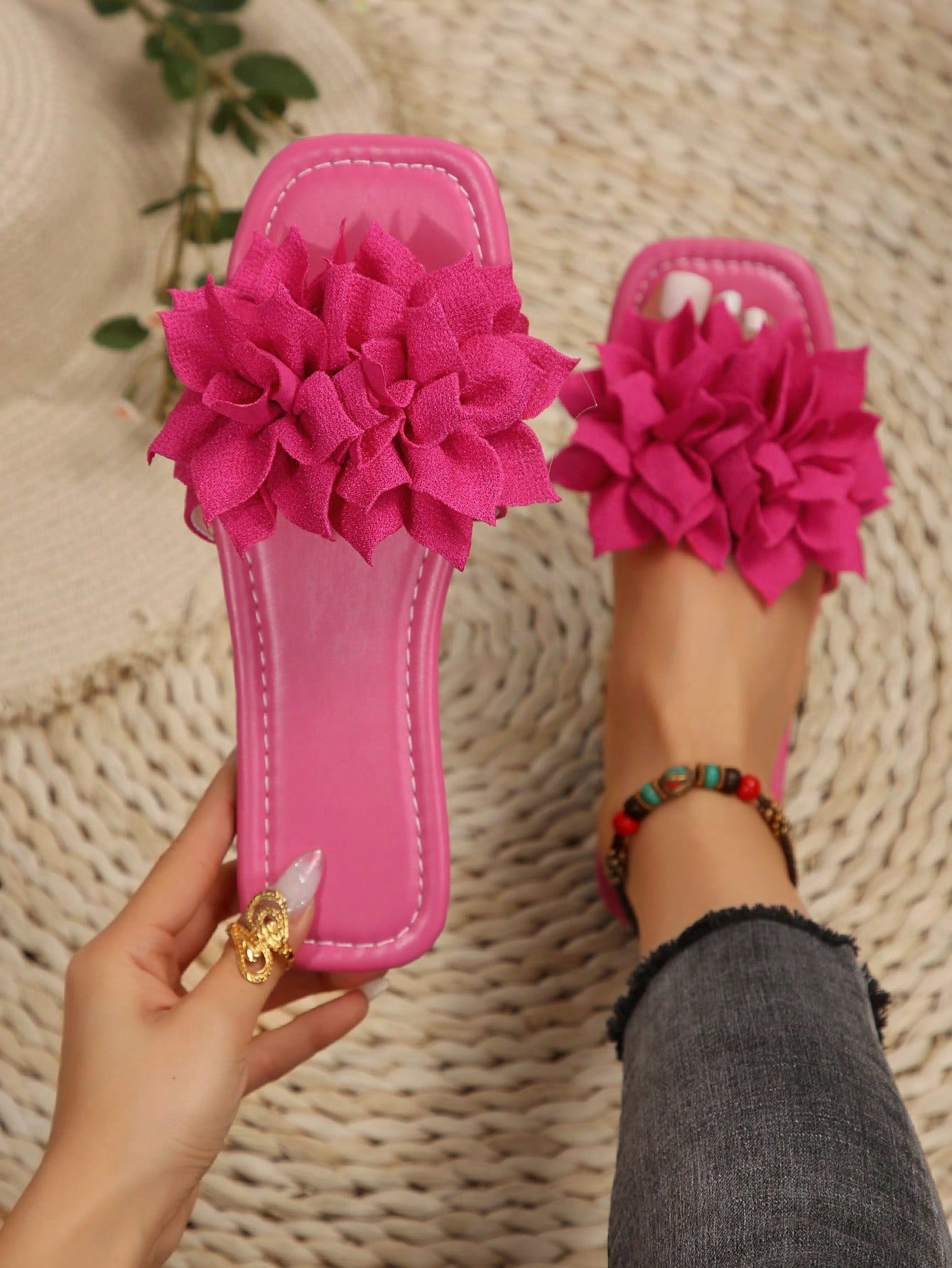 Women Flower Decor Flat Sandals, Fashionable Green Summer Slide Sandals