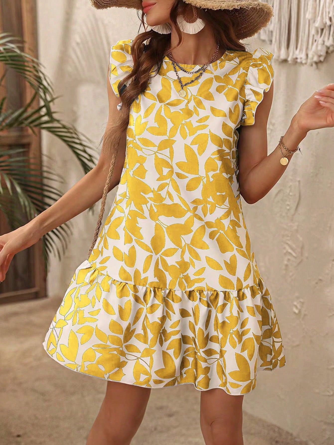 Allover Print Ruffle Trim Smock Dress