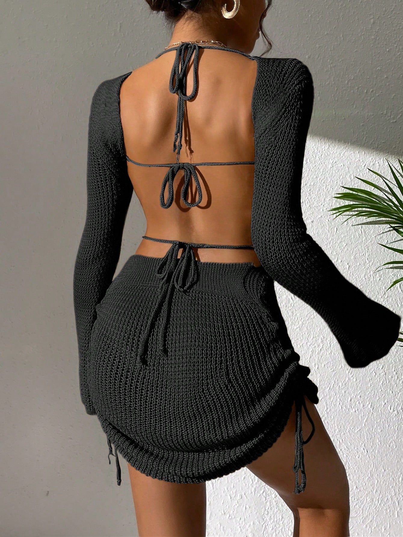 Swim Backless Drawstring Cover Up With Side Tie,Summer Beach