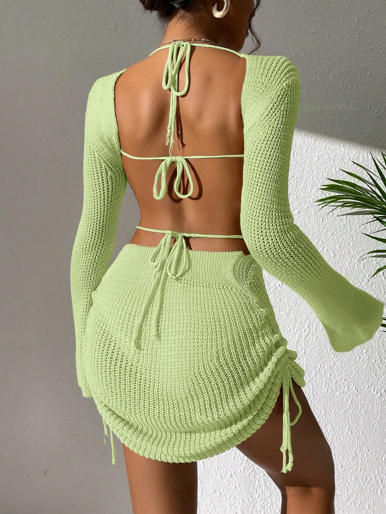 Swim Backless Drawstring Cover Up With Side Tie,Summer Beach