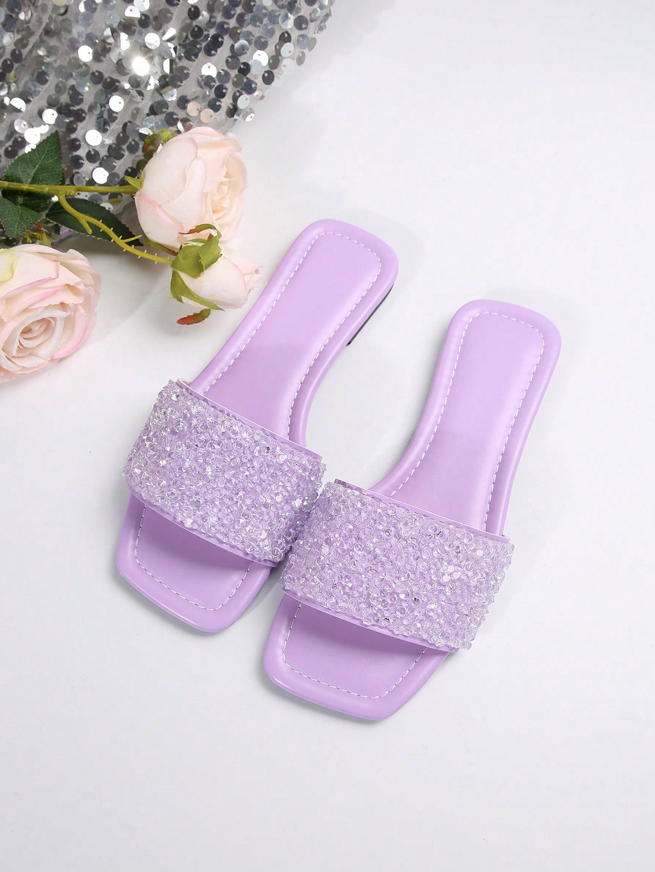 Women Large Size Summer Slippers, Fashion Square Toe Flat Sandals, Breathable & Comfortable Anti-Slip Slip-On Shoes With Rhinestones For Casual, Walking, Outdoor, Beach, Anti-Odor & Non-Slip Design