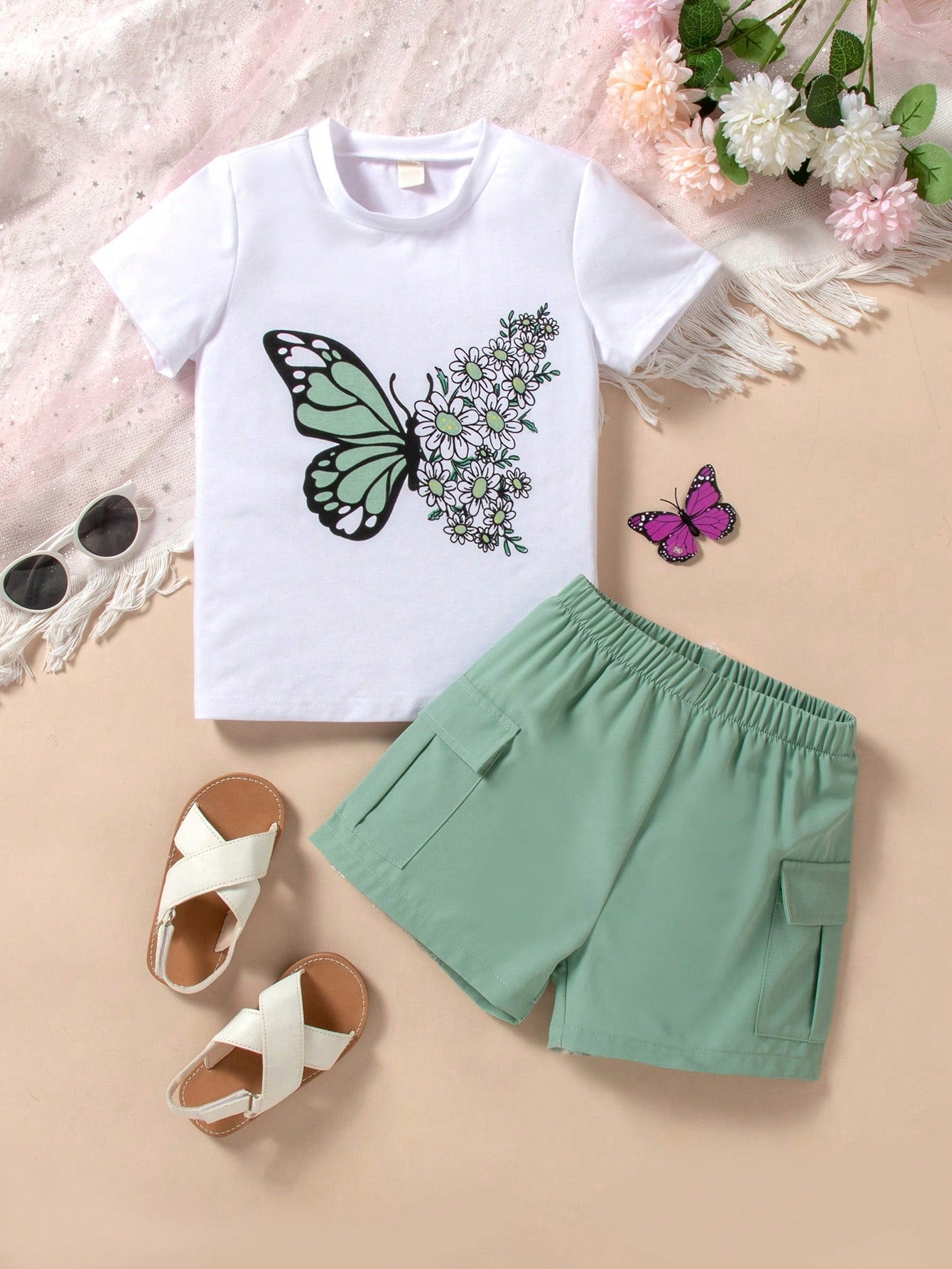 Young Girls' Beach Play Butterfly Printed Short Sleeve T-Shirt & Shorts 2pcs Set, Suitable For Parties And Beach Vacation, Summer