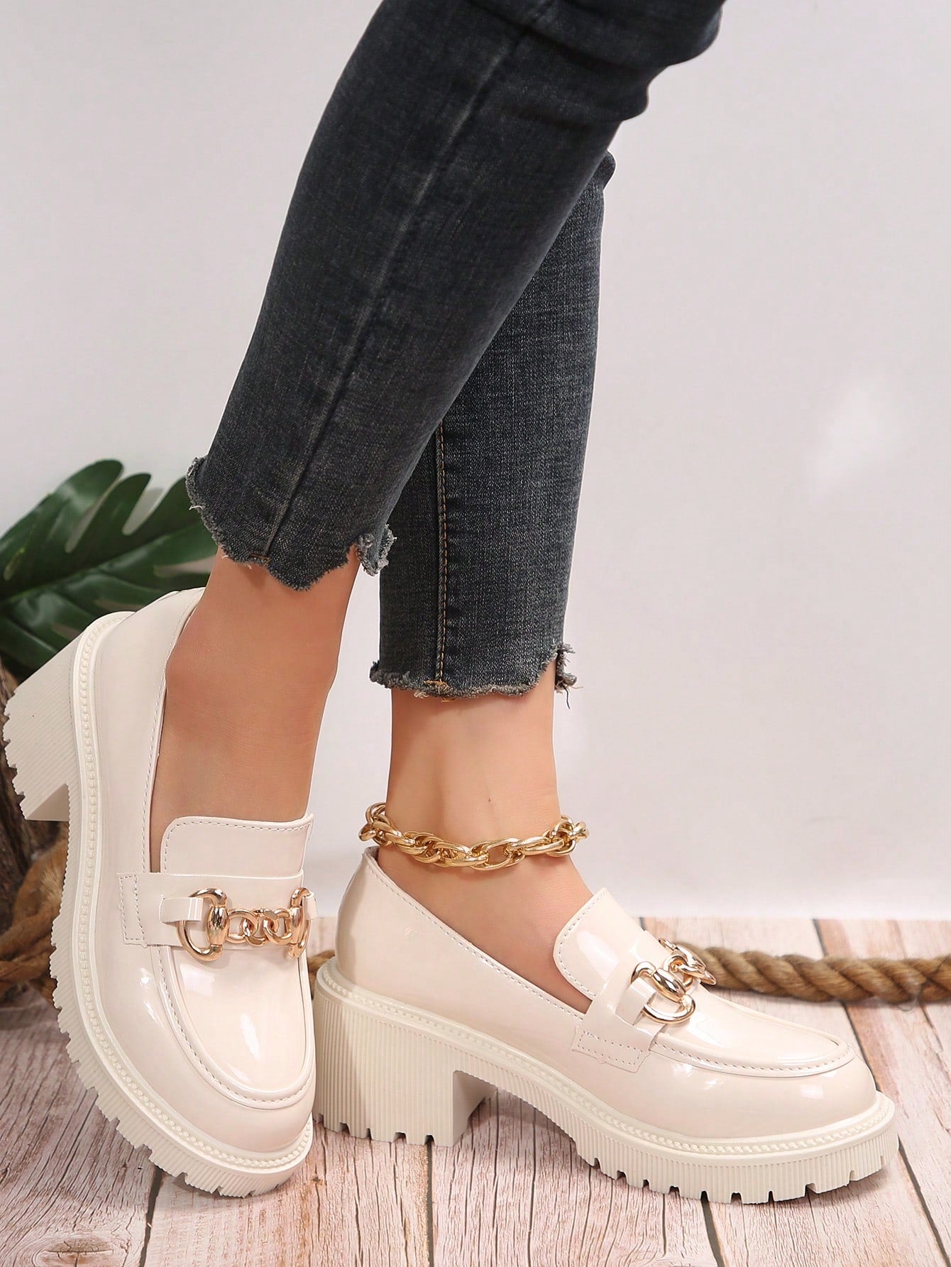 Women's Wedge & Thick Sole Shoes With Beige Color And Metallic Buckle Decoration