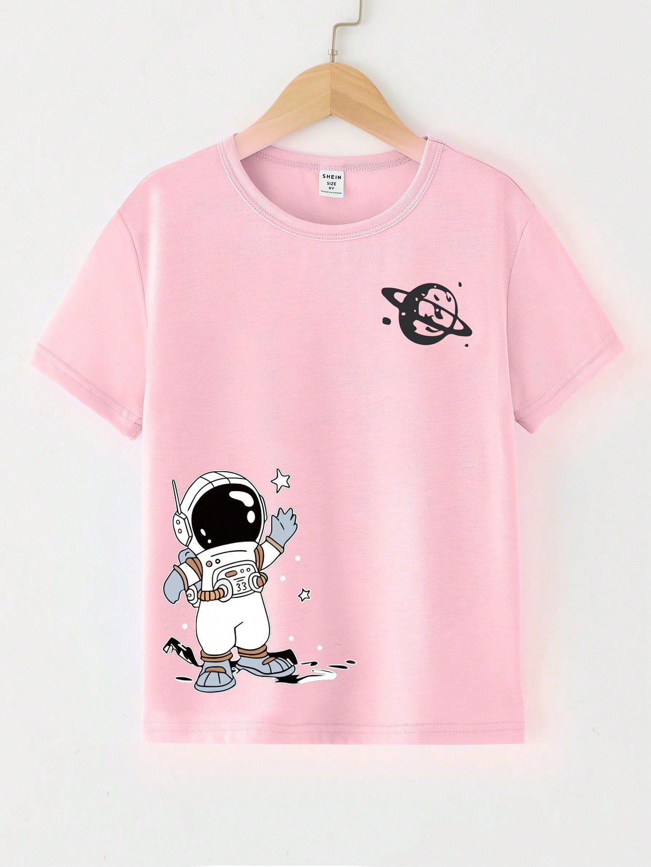 1pc Tween Boys' Astronaut Cartoon Printed Basic Short Sleeve Round Neck T-Shirt