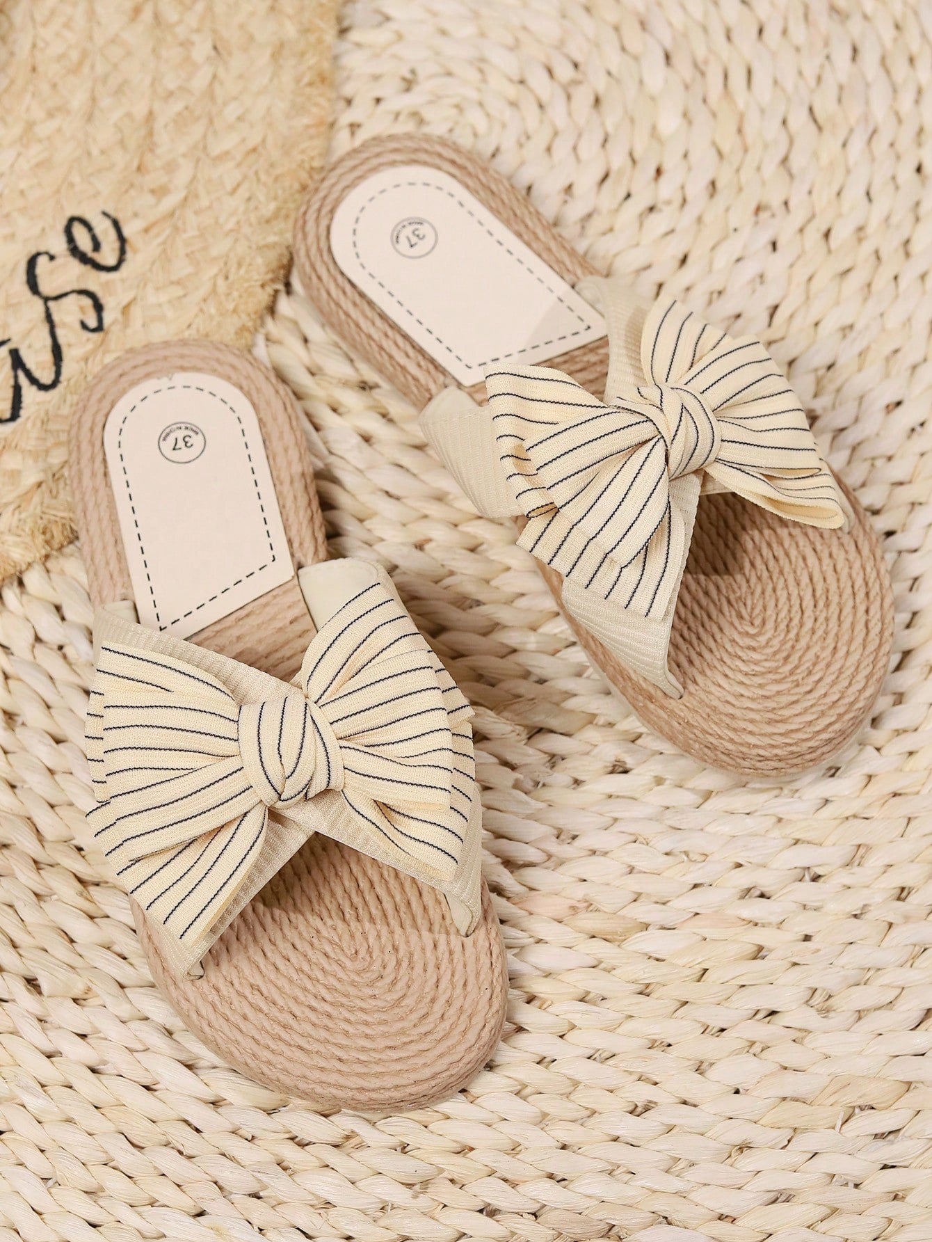 Preppy Outdoors Flat Slippers for Women, Bow Decor Polyester Open Toe Slide Sandals