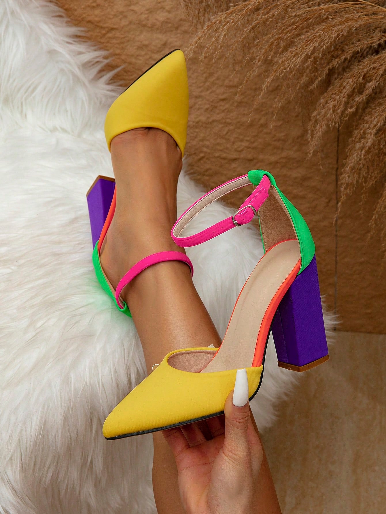 Women's Fashionable Pointed Toe Hollow Out Stiletto Heel Shoes With Ankle Straps, Color Block (Red, Yellow, Green, Orange, Purple)